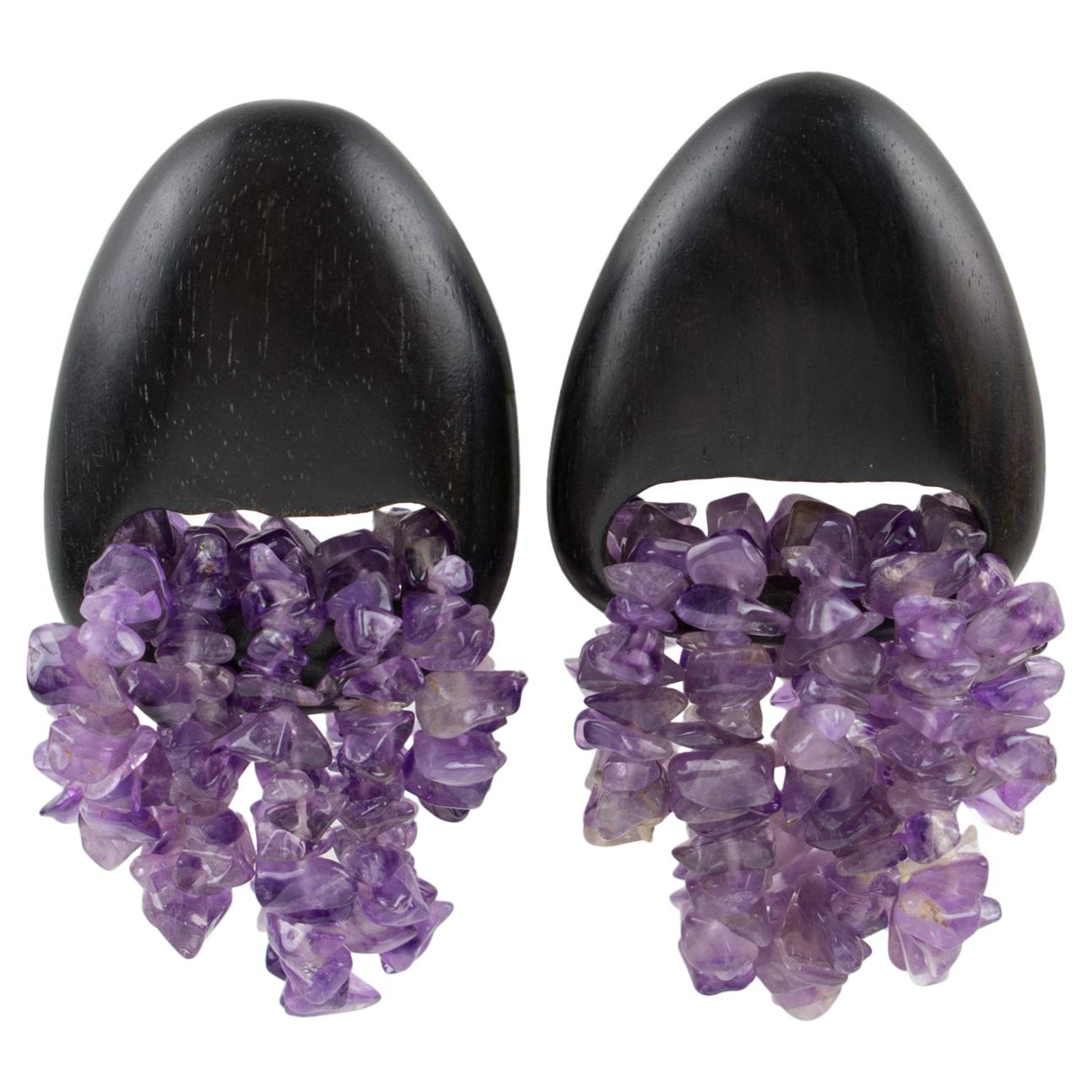 Gerda Lyngaard for Monies Dangle Clip Earrings Ebony Wood & Amethyst Stones