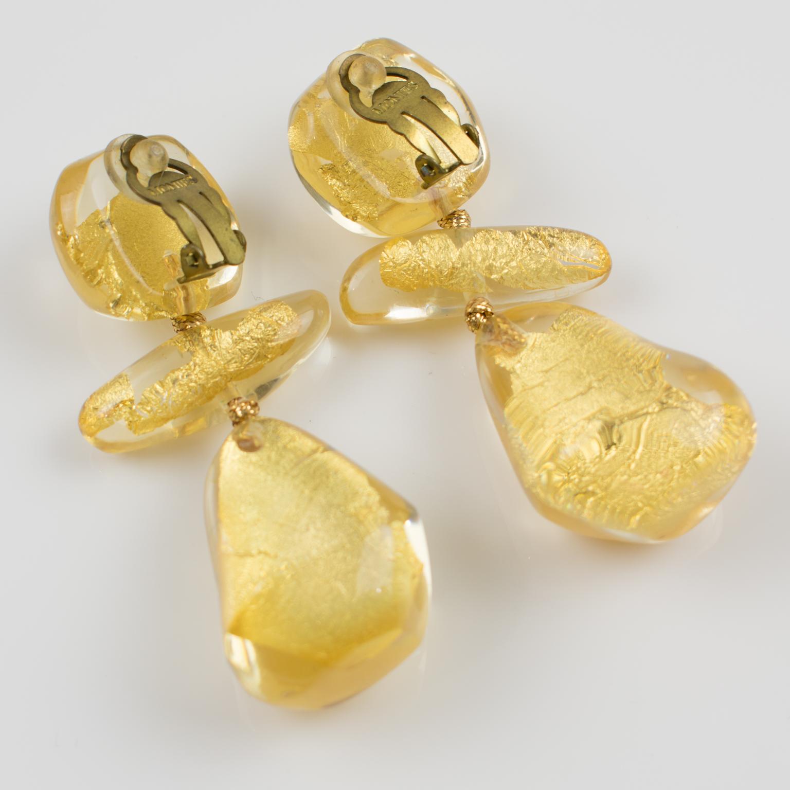 Modernist Gerda Lyngaard for Monies Oversized Dangling Clip Earrings Resin with Gold Foil