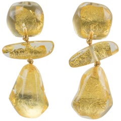 Retro Gerda Lyngaard for Monies Oversized Dangling Clip Earrings Resin with Gold Foil