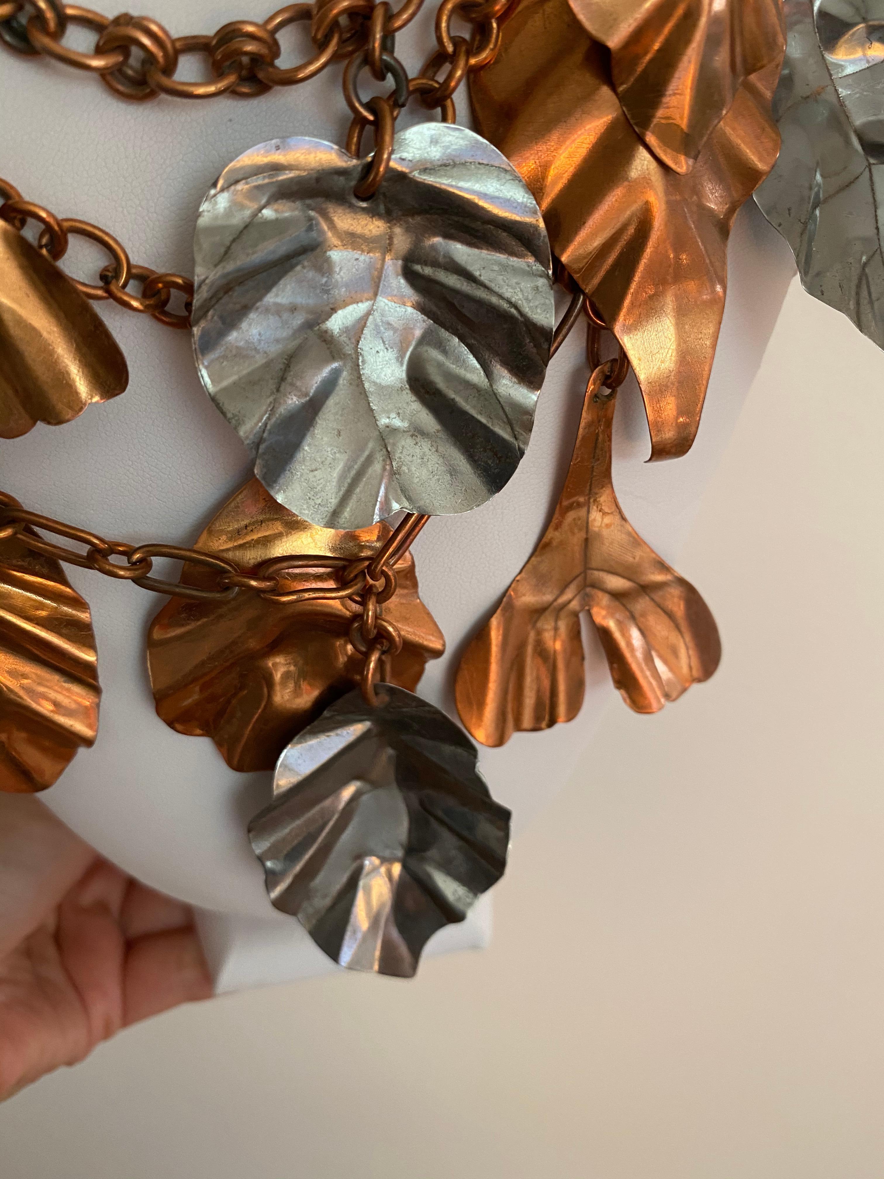 Gerda  Lynggaard Bronze and Silver Metal Leaves Three Strands Necklace In Good Condition For Sale In Beverly Hills, CA