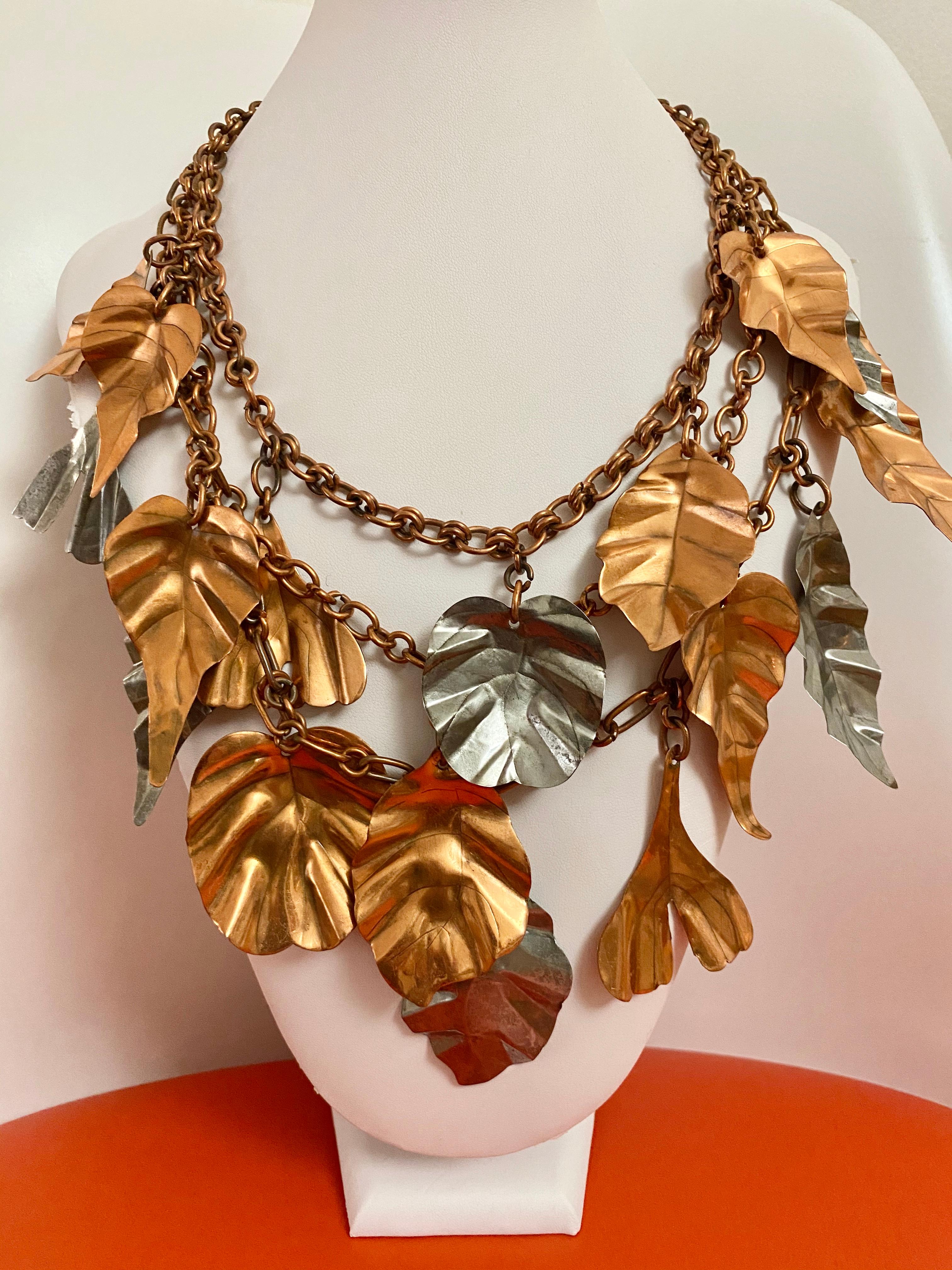 Gerda  Lynggaard Bronze and Silver Metal Leaves Three Strands Necklace For Sale 2