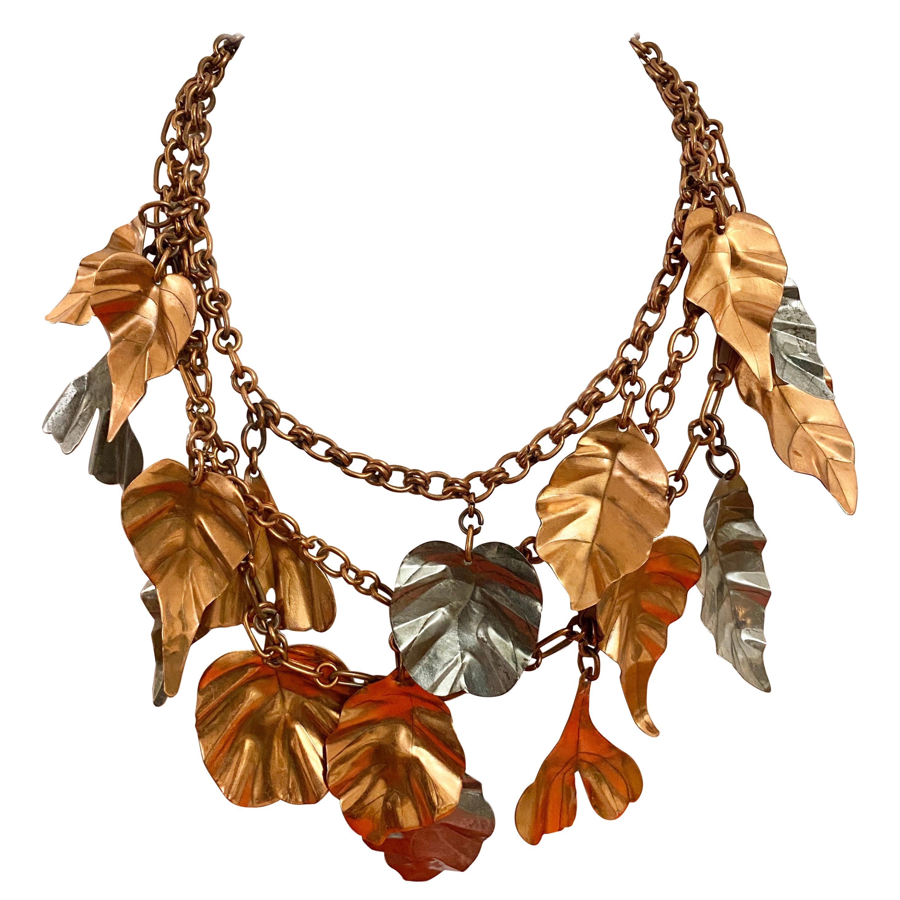 Gerda  Lynggaard Bronze and Silver Metal Leaves Three Strands Necklace For Sale