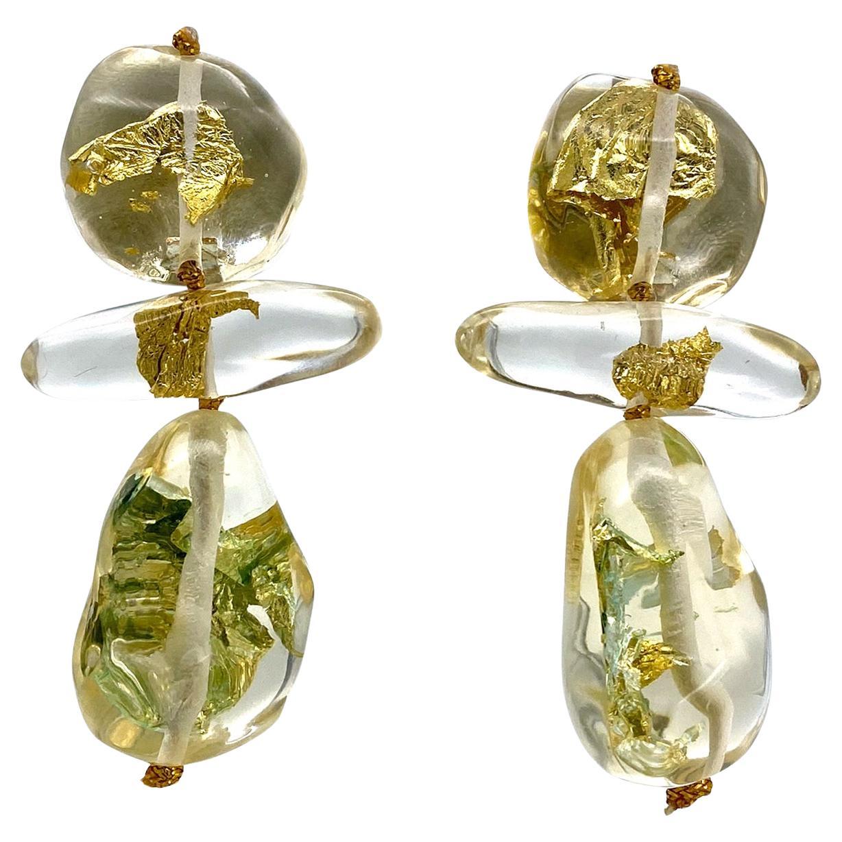 Artist Gerda Lynggaard for Monies Lucite Dangle Earrings with Gold Foil For Sale