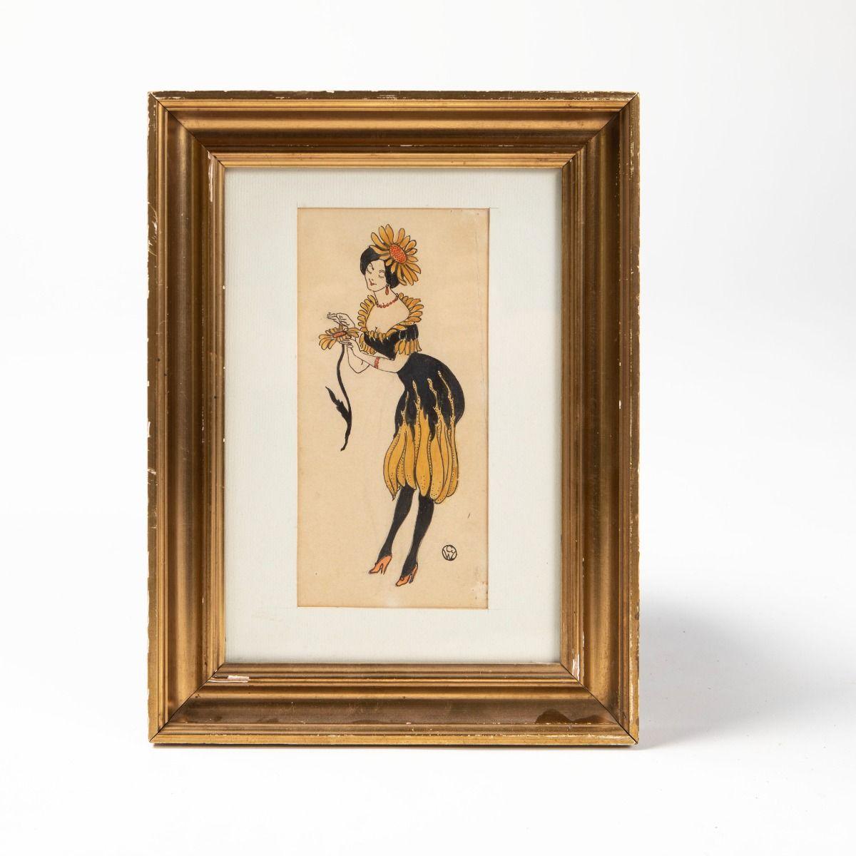 Fine little drawing with pen and gouache on paper, made by Gerda Wegener in the 1920s.
The motif shows a woman in a dress inspired by flower petals in shades of yellow and black. She wears a large flower in her hair and a necklace, which together