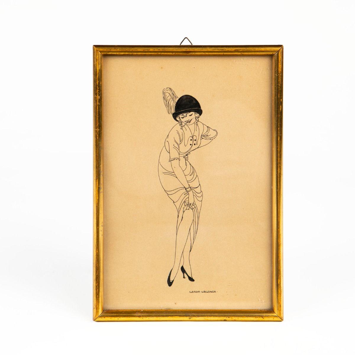 Gerda Wegener (1885-1940)
An elegant ink drawing on paper depicting a stylish woman in classic Charleston-era fashion from the 1920s. She is dressed in a form-fitting gown, a distinctive flapper hat with feathers, and high heels—an iconic reflection