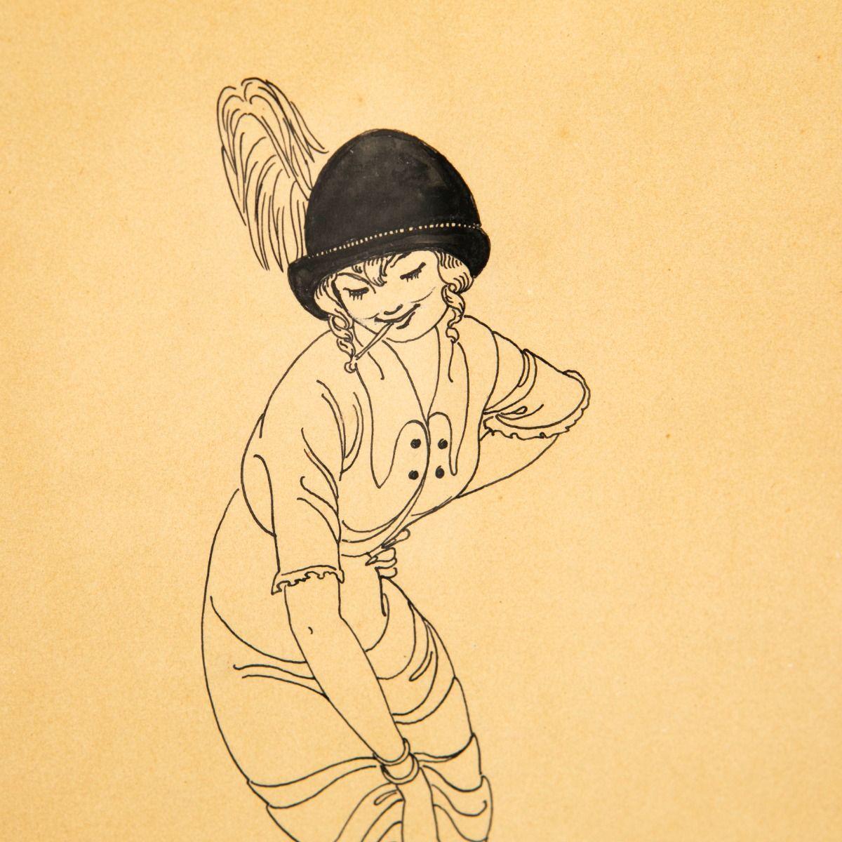 Danish Gerda Wegener Signed Art Deco Ink Drawing of a Flapper Woman