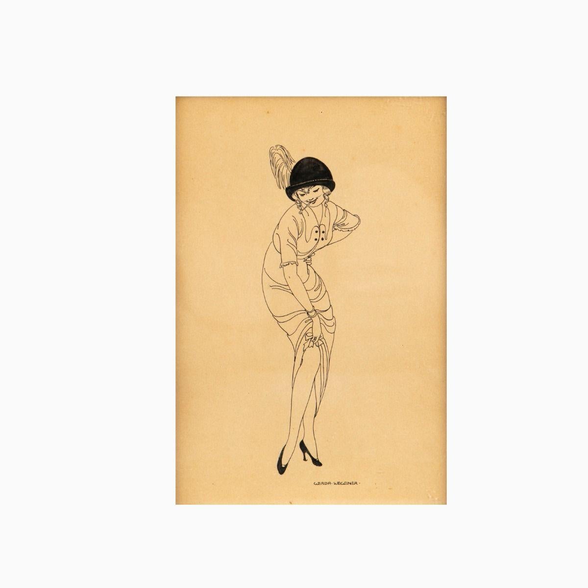Gerda Wegener Dibujo en tinta Art Decó firmado de una mujer Flapper
