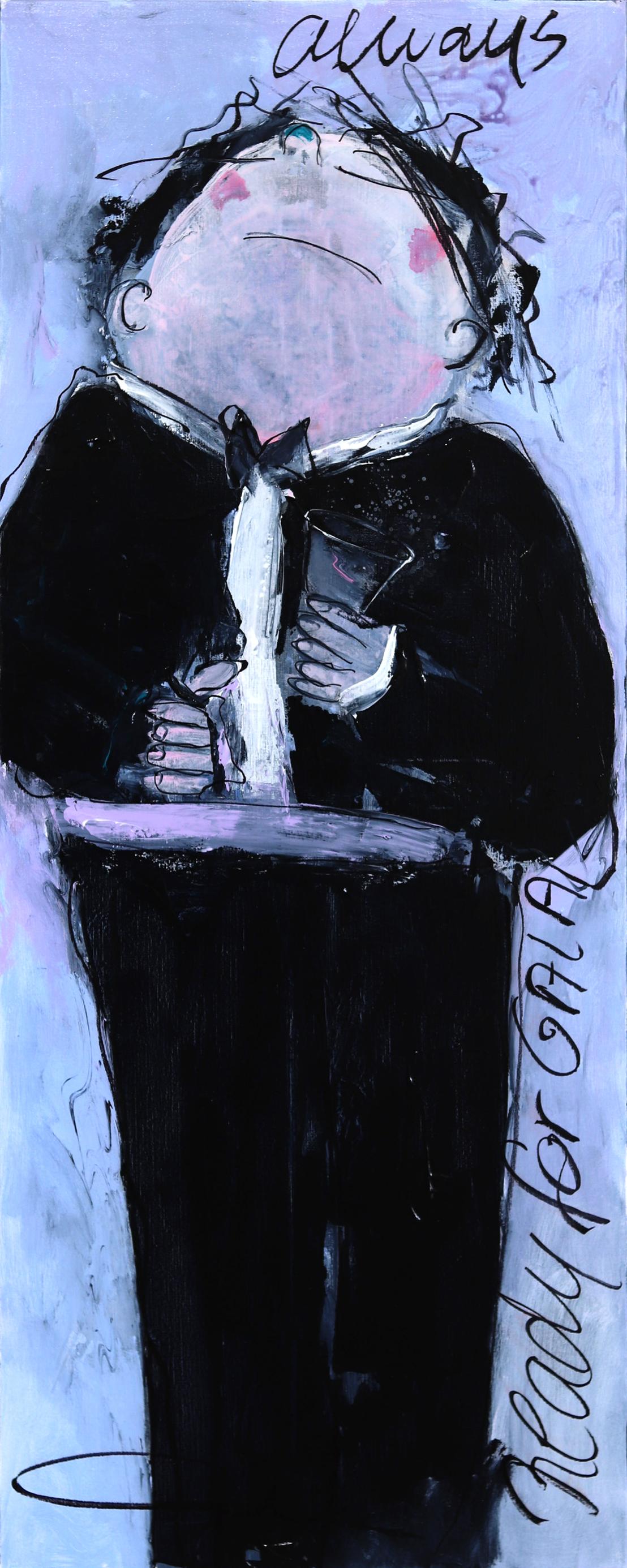 Abstract Painting di Gerdine Duijsens - Sempre pronto - Pittura astratta figurativa originale Viola Skinny Tall Art