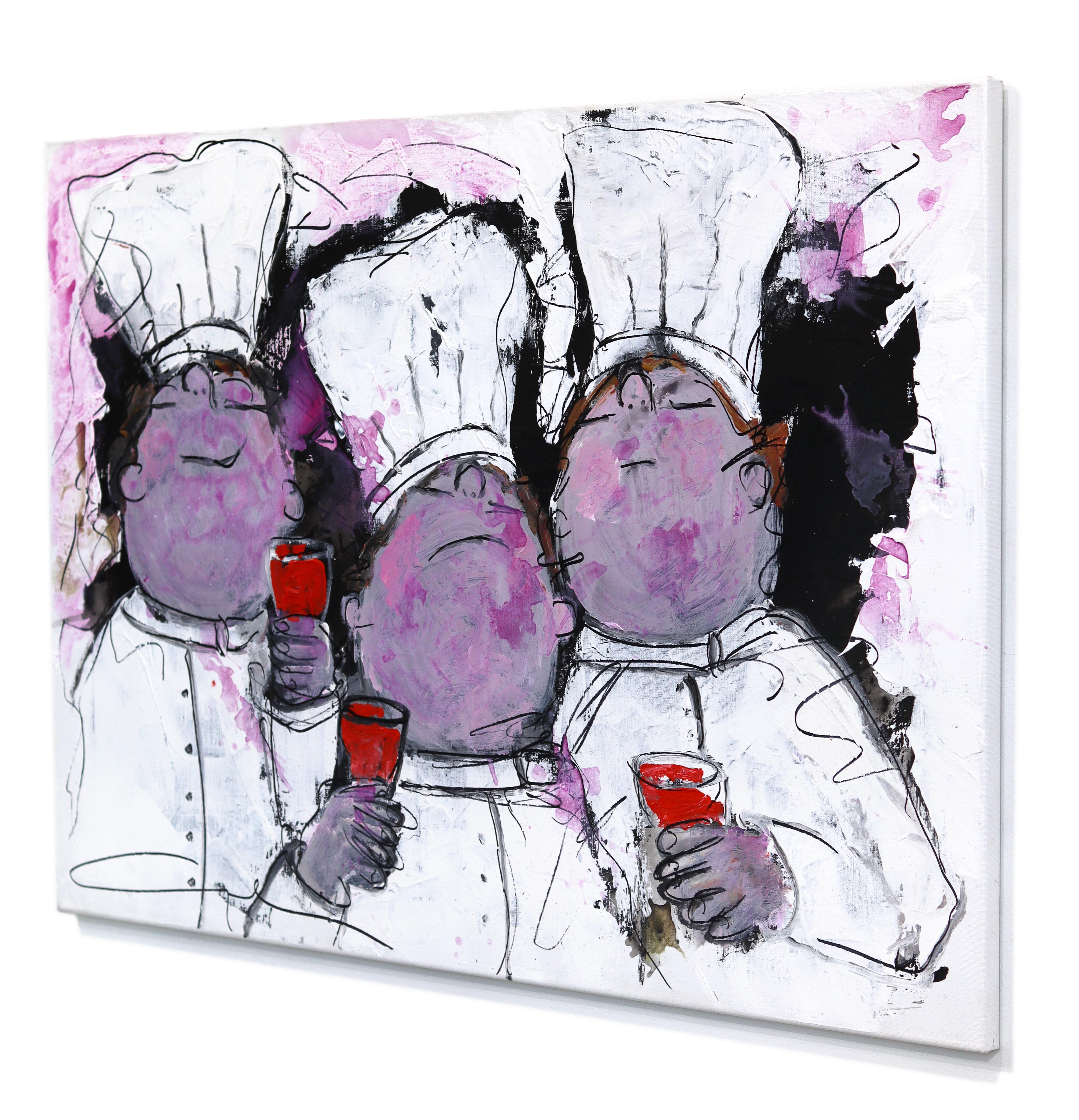 Eine weitere feine Mahlzeit - Figurative texturierte violette Töne Acrylgemälde auf Leinwand (Grau), Portrait Painting, von Gerdine Duijsens