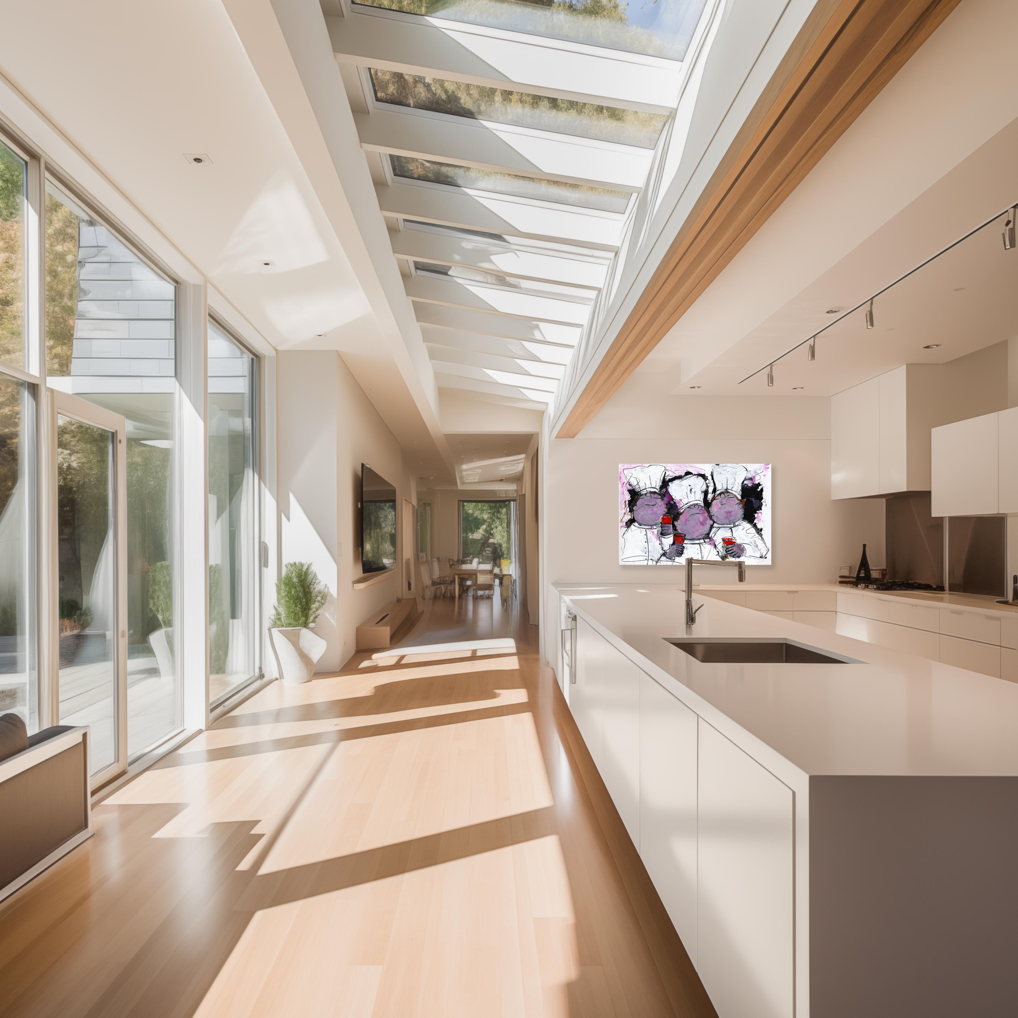 Eine weitere feine Mahlzeit - Figurative texturierte violette Töne Acrylgemälde auf Leinwand im Angebot 1