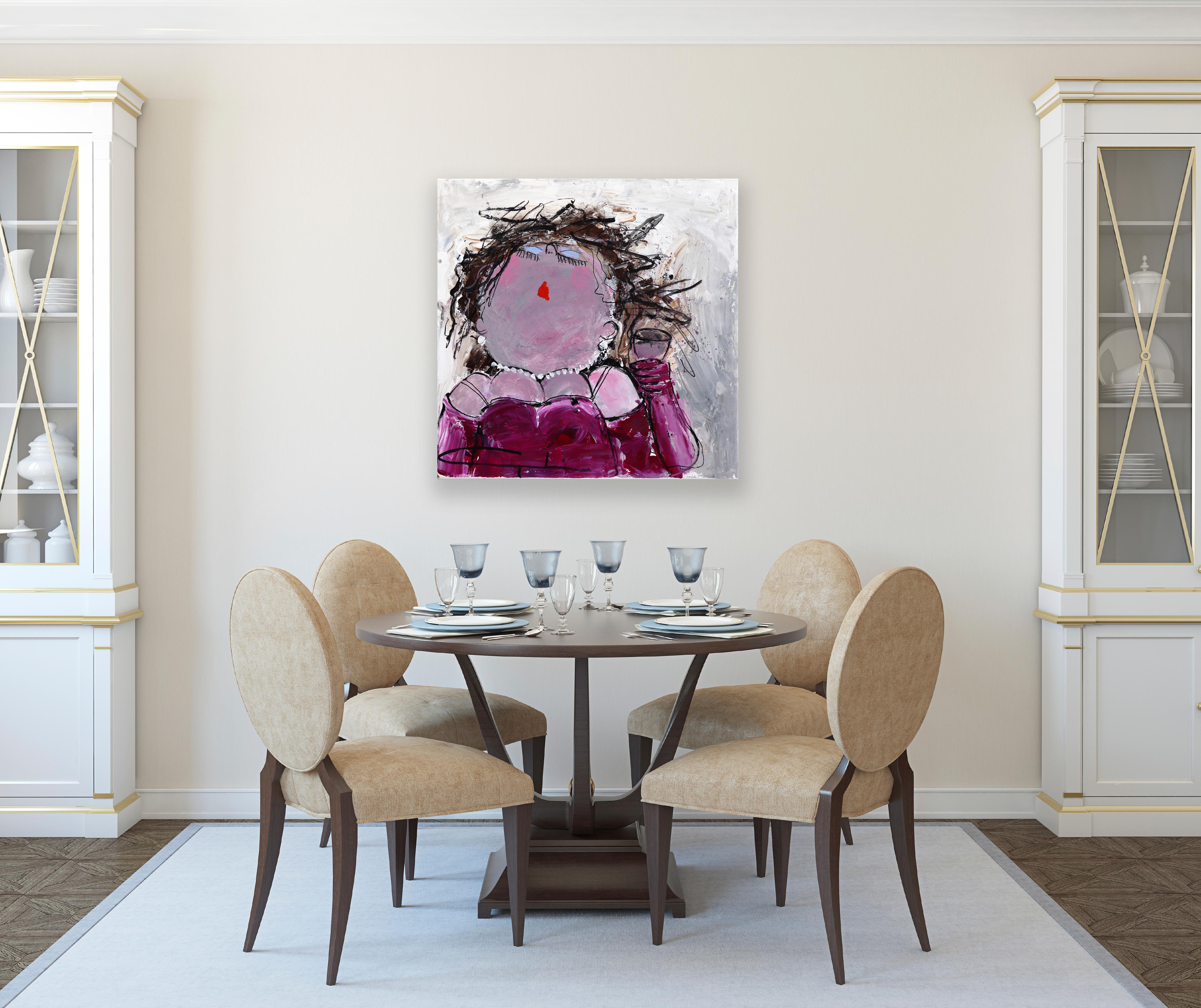 Drinking Sarah - Figurative Portrait Purple Textured Acrylic Painting on Canvas - Gray Figurative Painting by Gerdine Duijsens