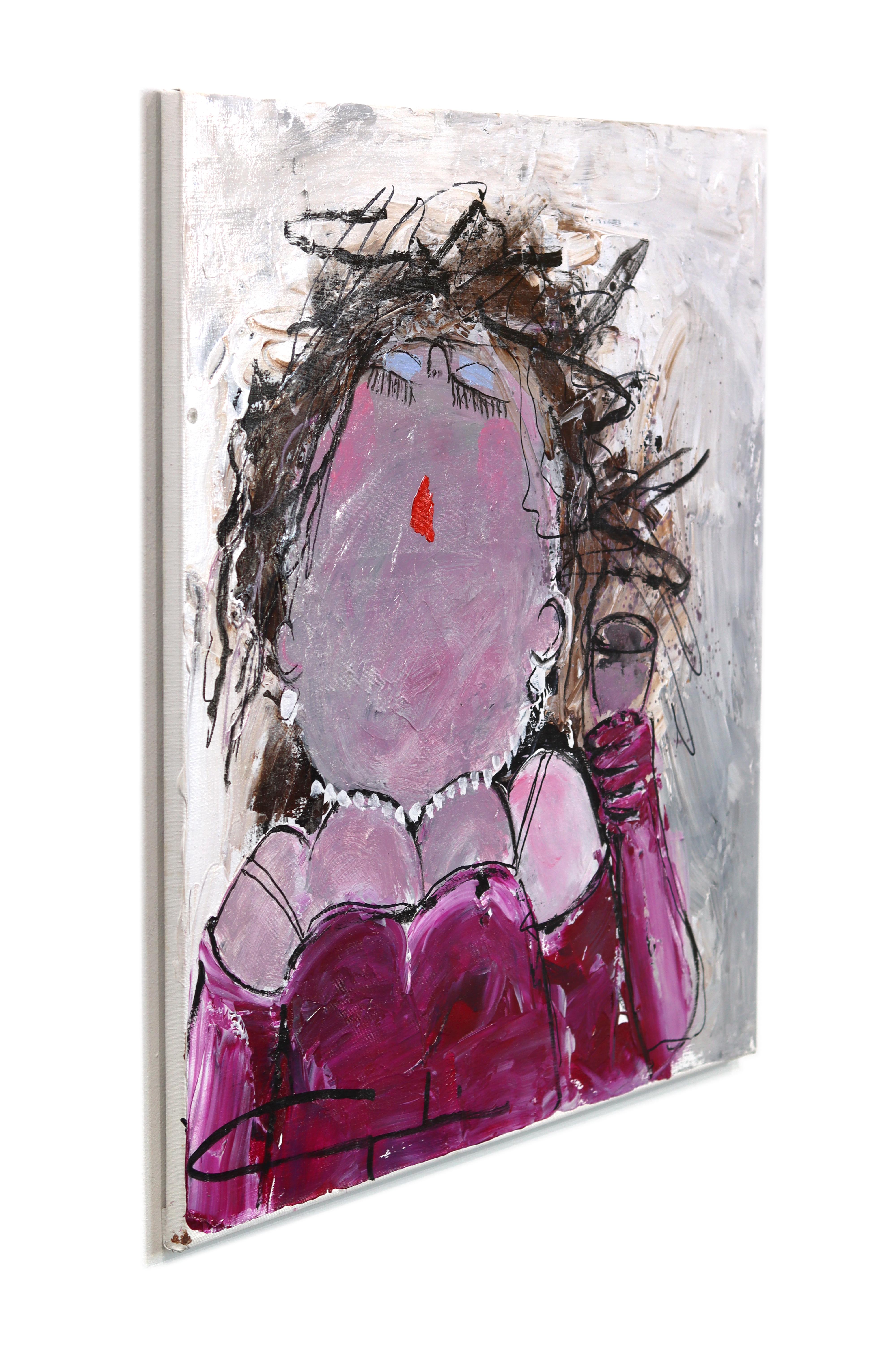 Drinking Sarah - Figurative Portrait Purple Textured Acrylic Painting on Canvas For Sale 1