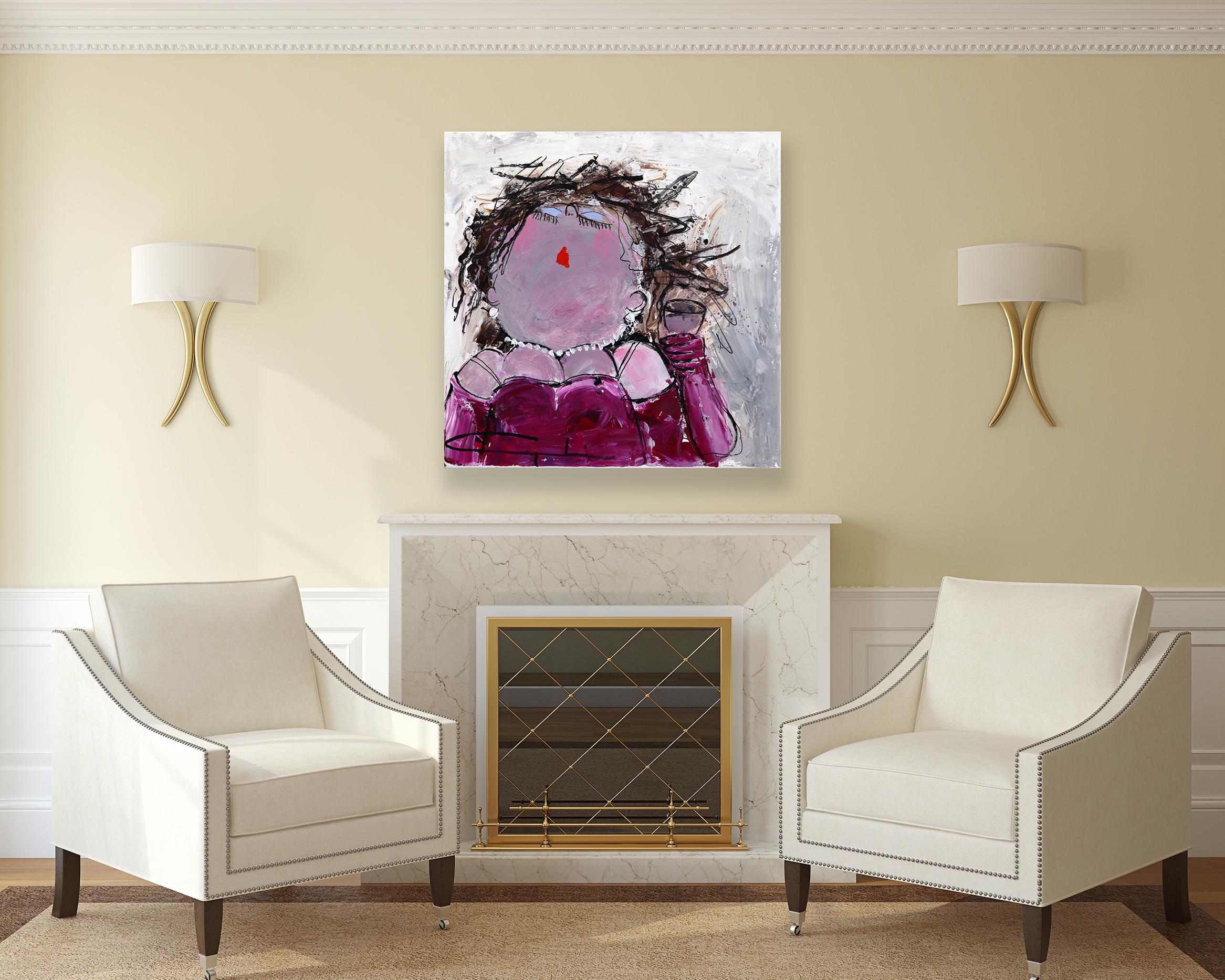 Drinking Sarah - Figurative Portrait Purple Textured Acrylic Painting on Canvas For Sale 3