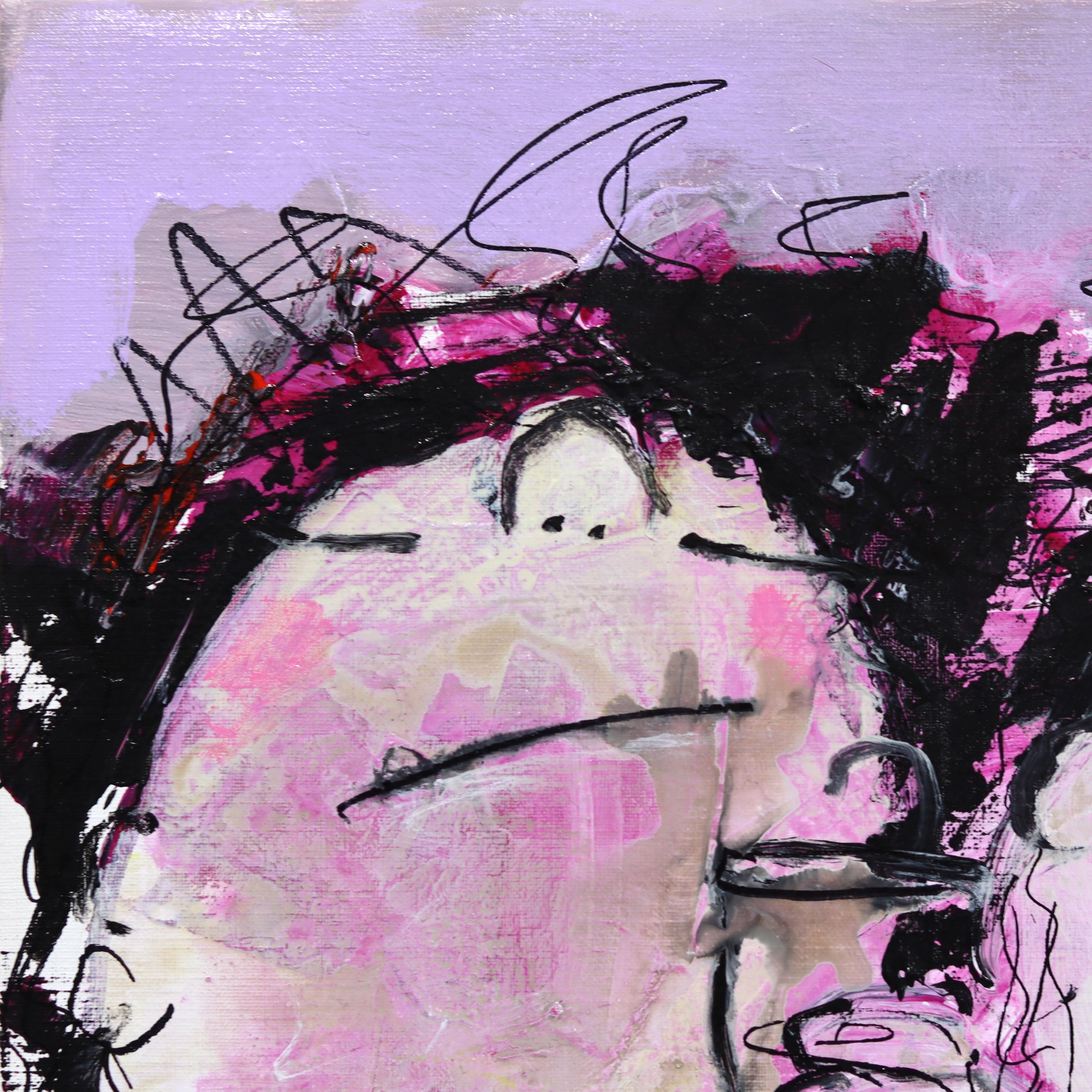 Finally 5 o'clock - Figurative Textured Burgundy Pink Acrylic Painting on Canvas For Sale 1