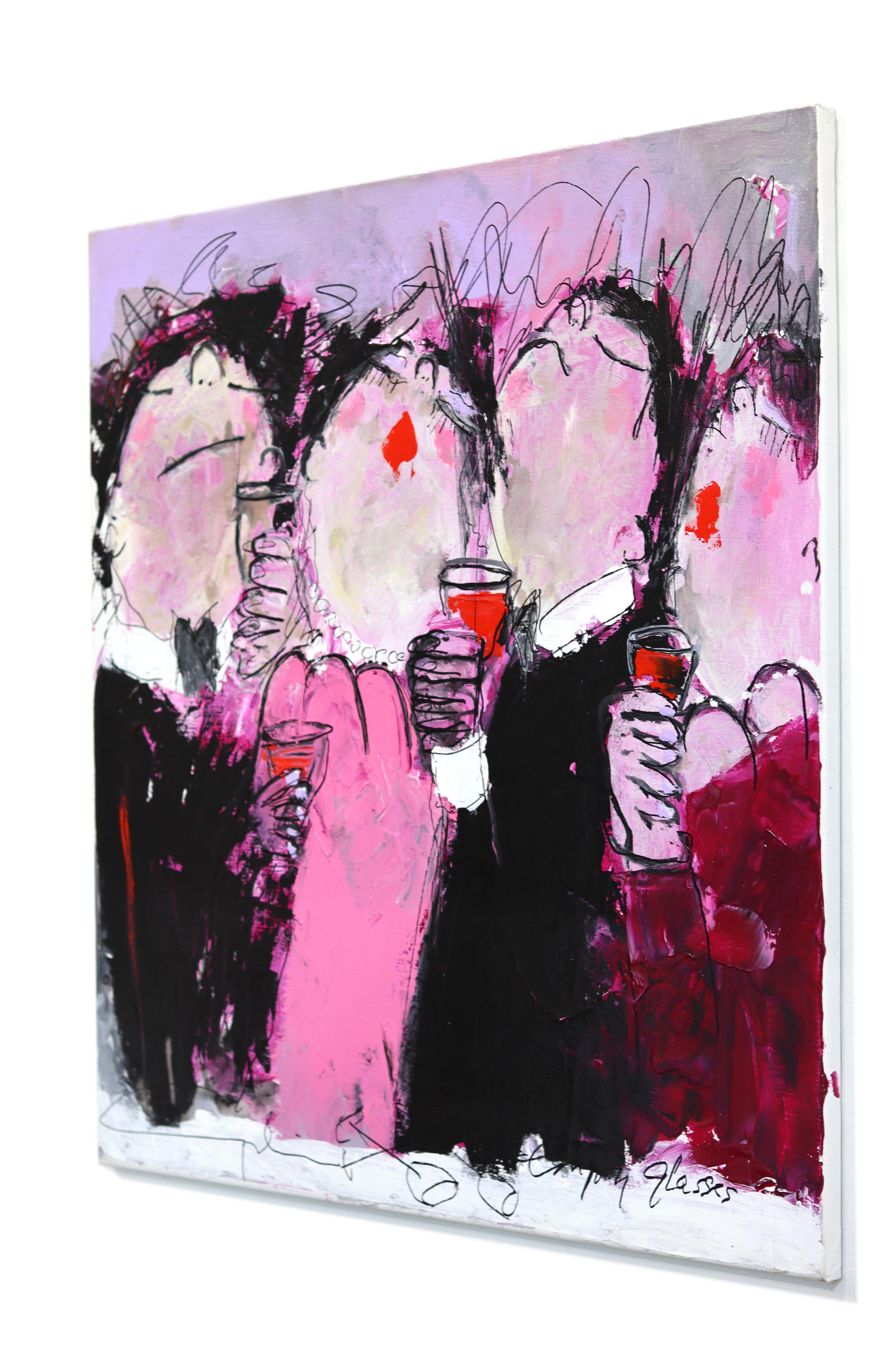 Finally 5 o'clock - Figurative Textured Burgundy Pink Acrylic Painting on Canvas For Sale 2