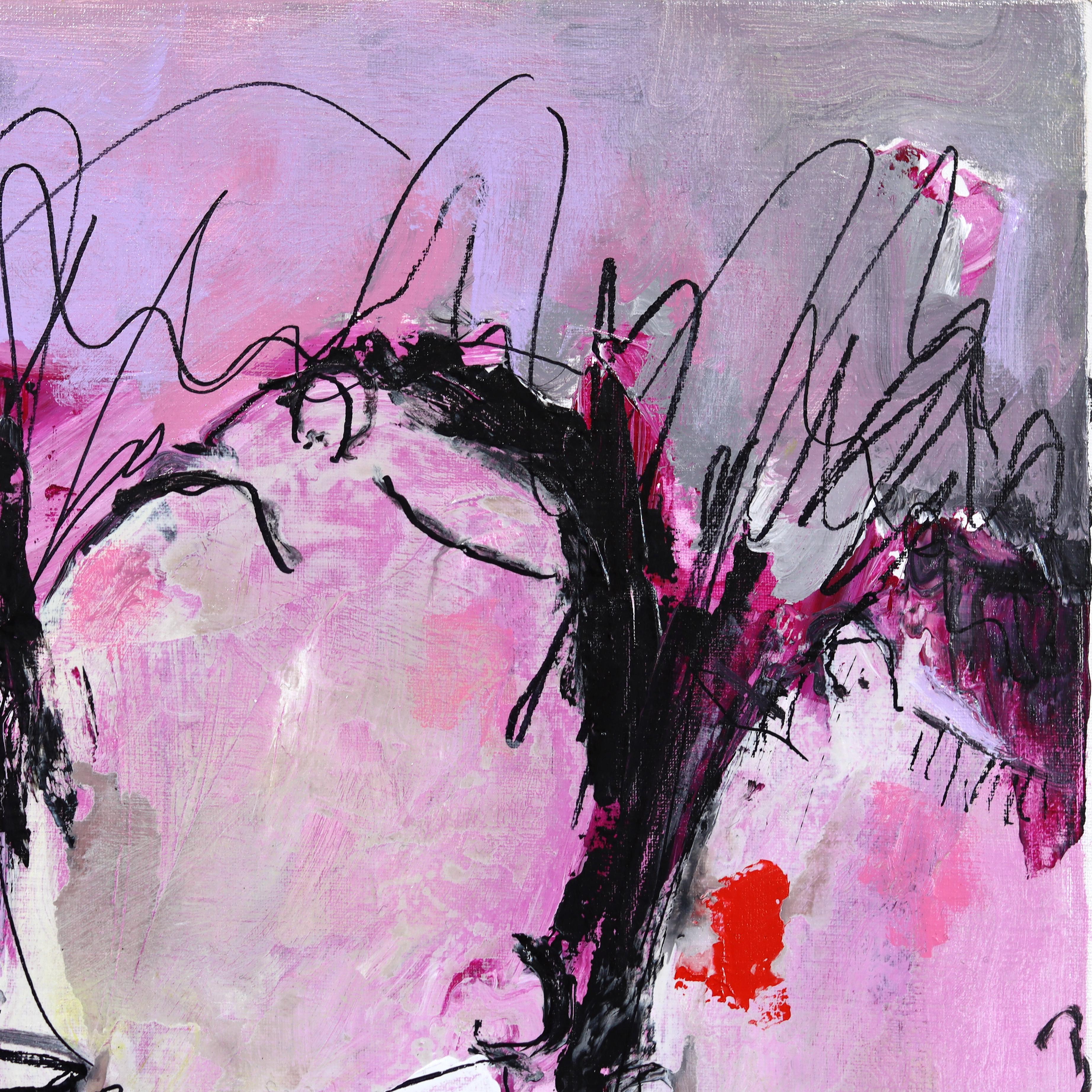 Finally 5 o'clock - Figurative Textured Burgundy Pink Acrylic Painting on Canvas For Sale 3