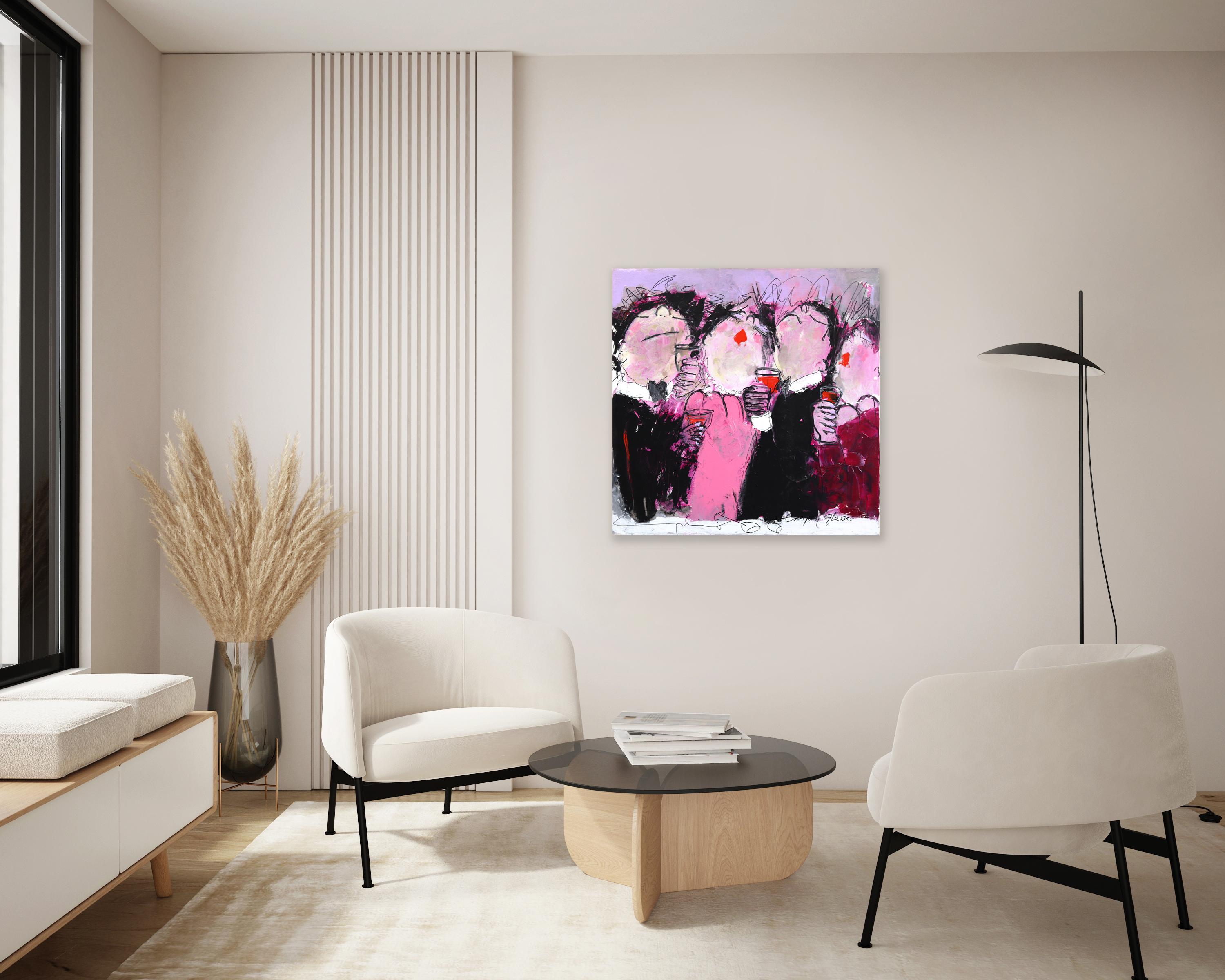 Finally 5 o'clock - Figurative Textured Burgundy Pink Acrylic Painting on Canvas For Sale 4