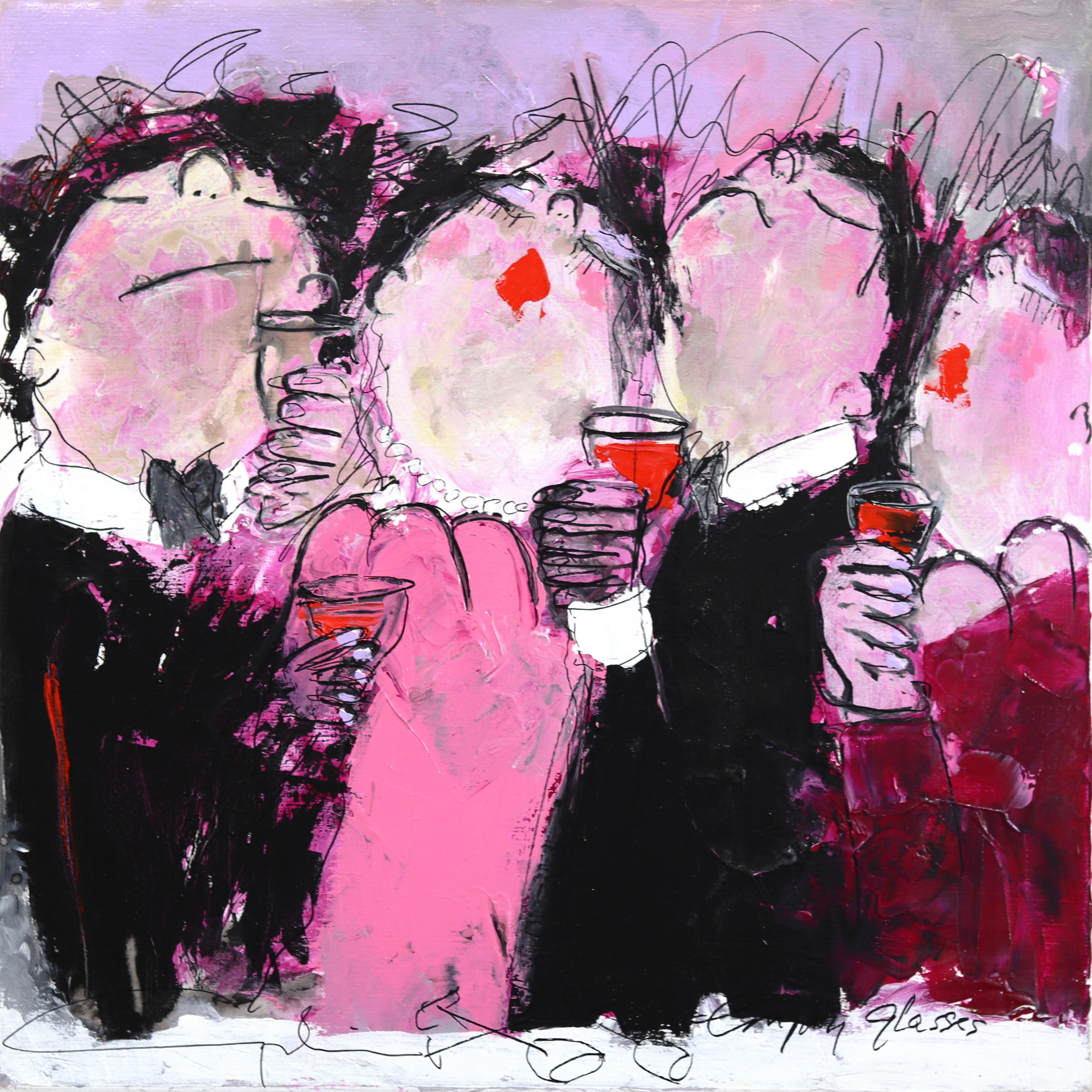 Gerdine Duijsens Figurative Painting - Finally 5 o
clock - Figurative Textured Burgundy Pink Acrylic Painting on Canvas