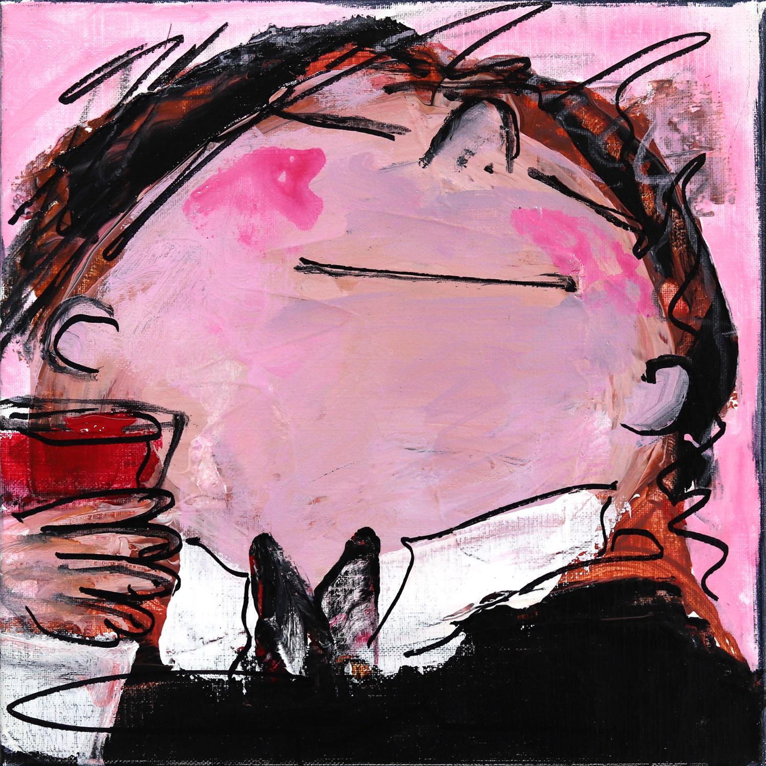 Gerdine Duijsens Figurative Painting - Happy Single 14 - Original Bold Delightful Figurative Pink and Bow Tie Painting