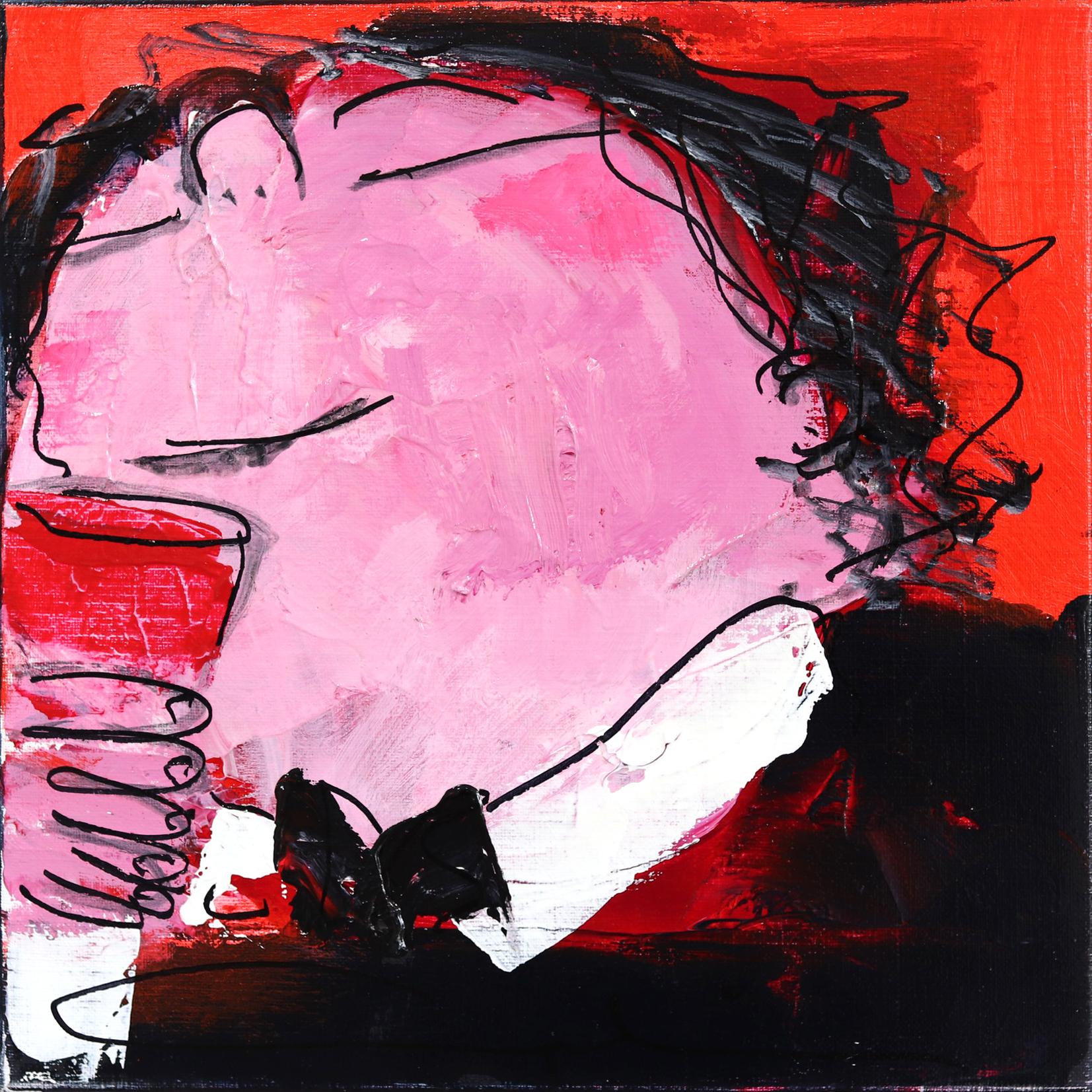 Gerdine Duijsens Abstract Painting - Happy Single 15 - Original Bold Delightful Figurative Pink and Red Painting