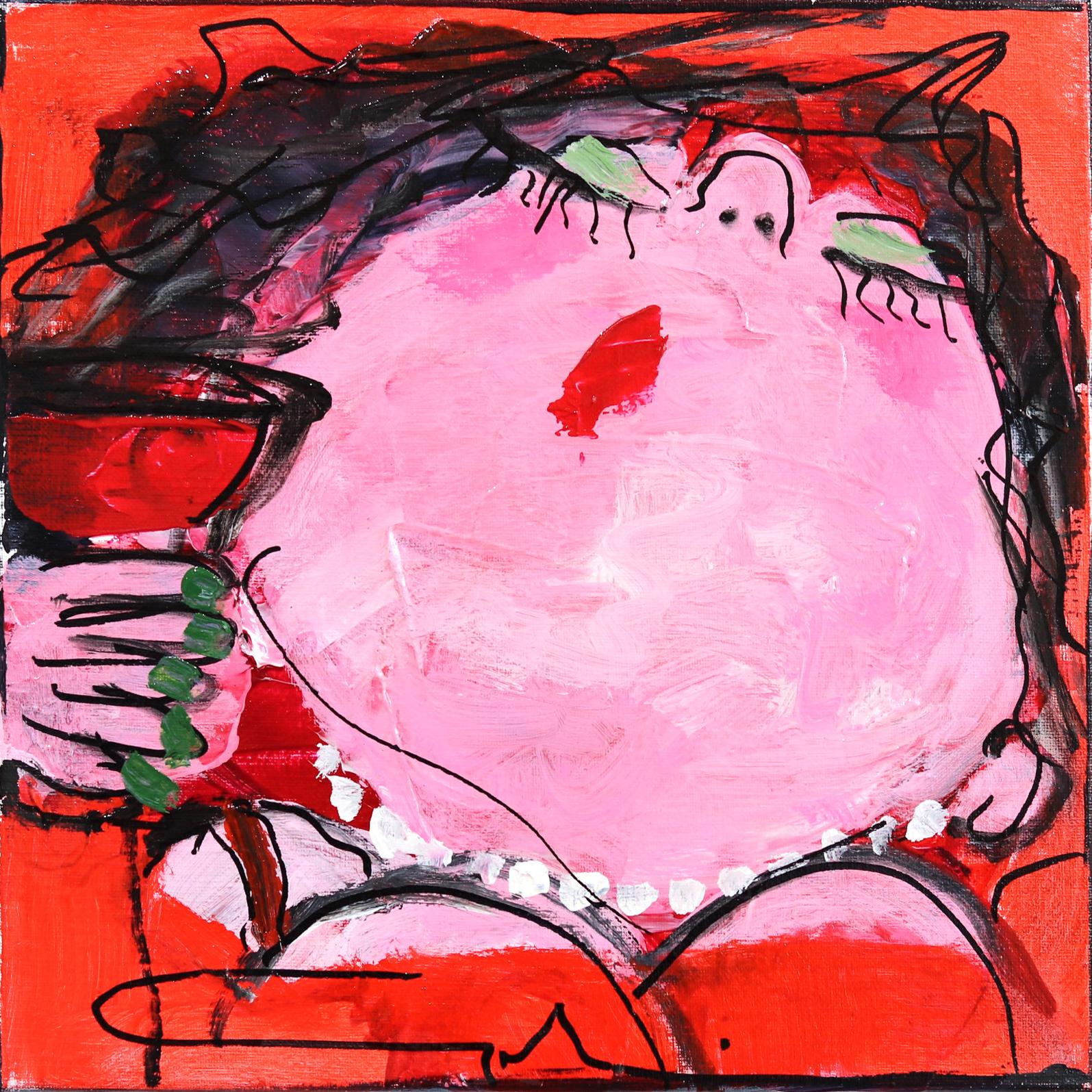 Gerdine Duijsens Figurative Painting - Happy Single 9 - Original Bold Delightful Figurative Pink and Red Painting