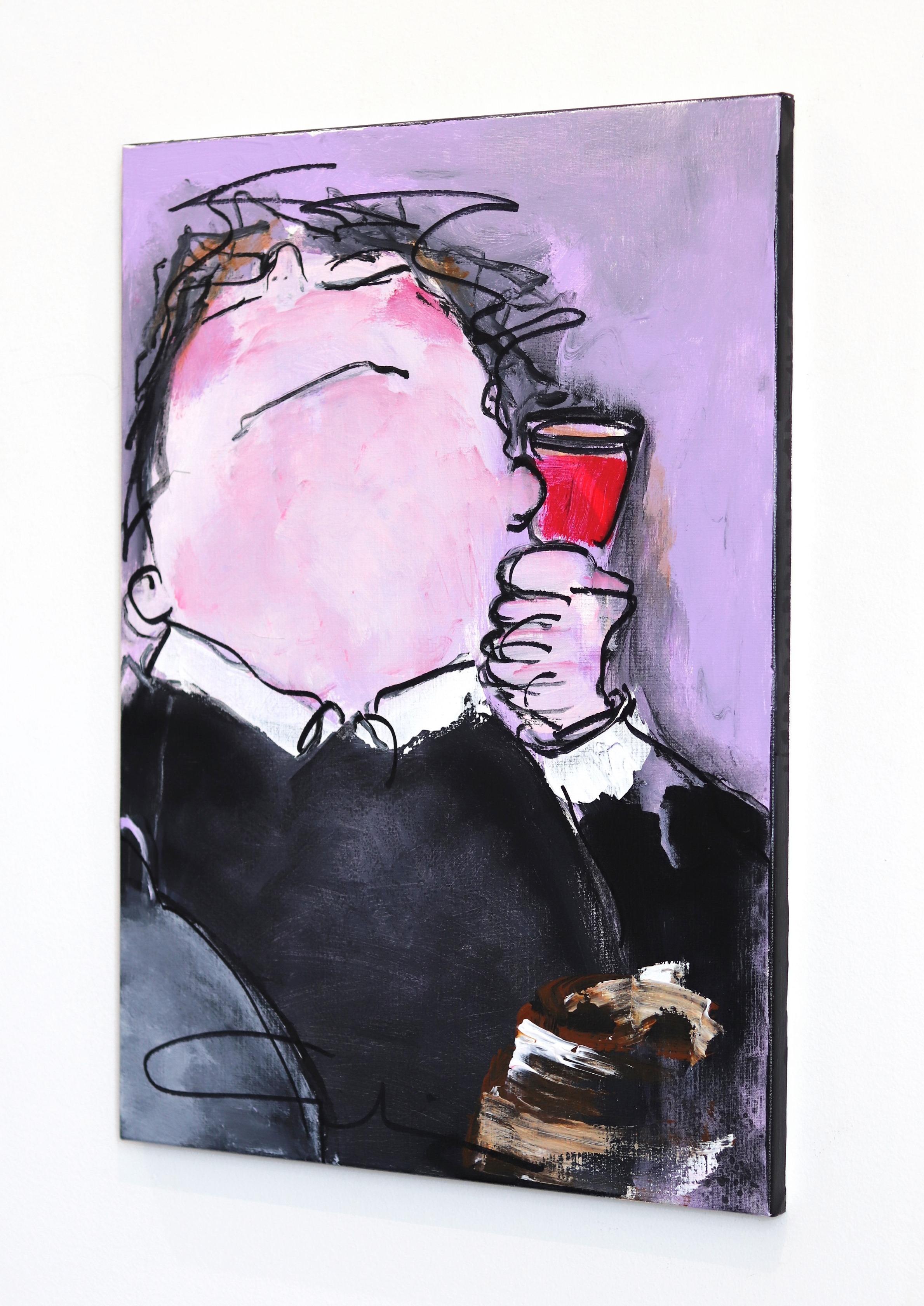 Happy Together Man - Evocative Figures Celebrating Life with a Drink - Purple Abstract Painting by Gerdine Duijsens