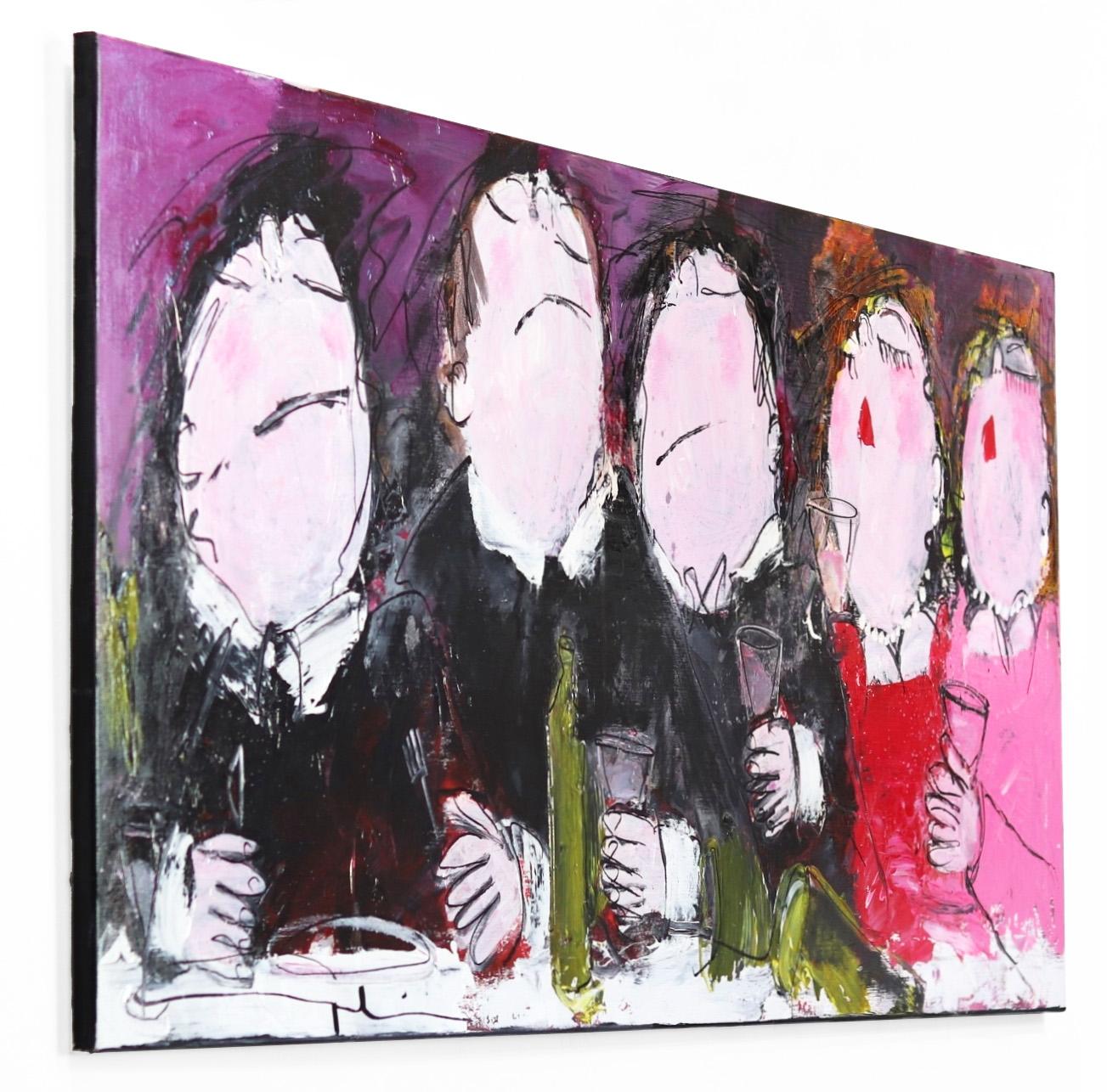 Quite A Messy Night - Quadro originale di fantasia figurativa in grassetto e delizioso - Abstract Painting Grigio di Gerdine Duijsens