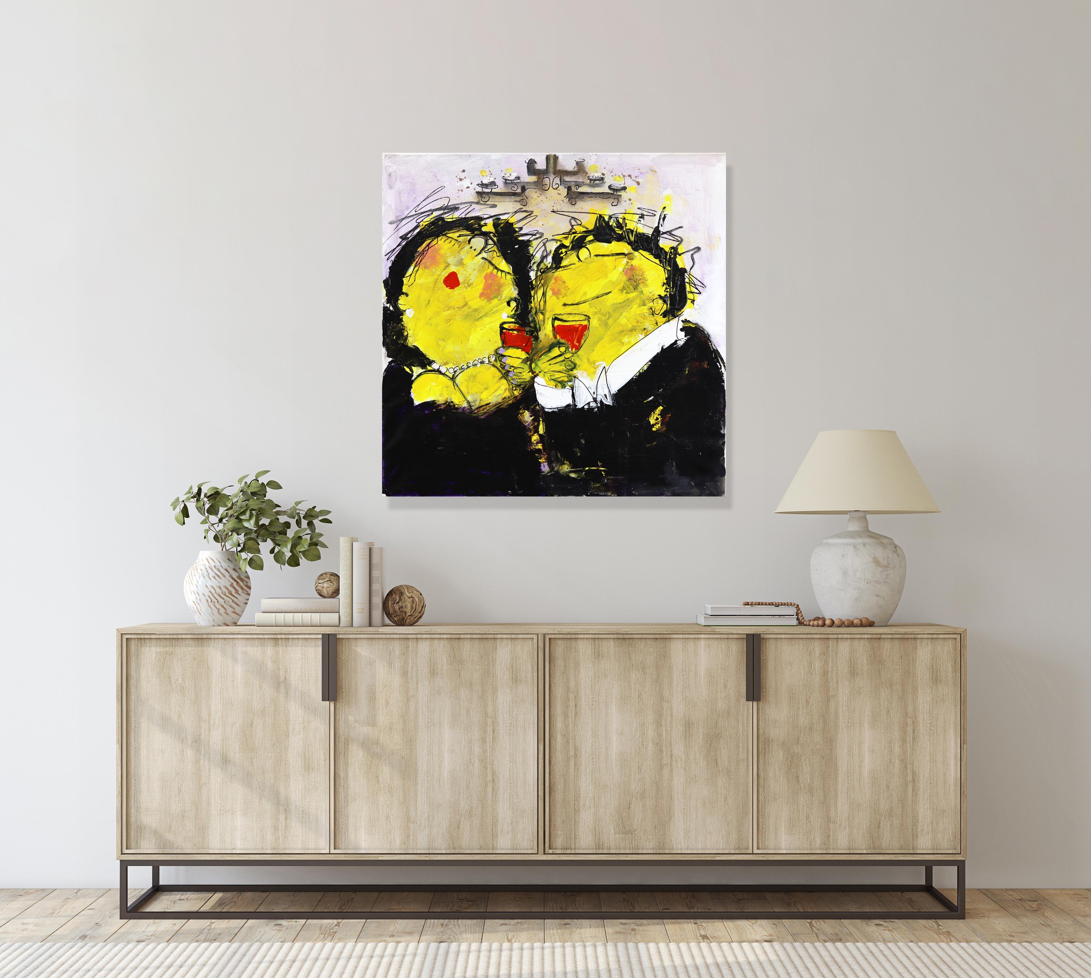 Romantici Dinner - Peinture originale de portrait figuratif en jaune et noir vibrant - Painting de Gerdine Duijsens
