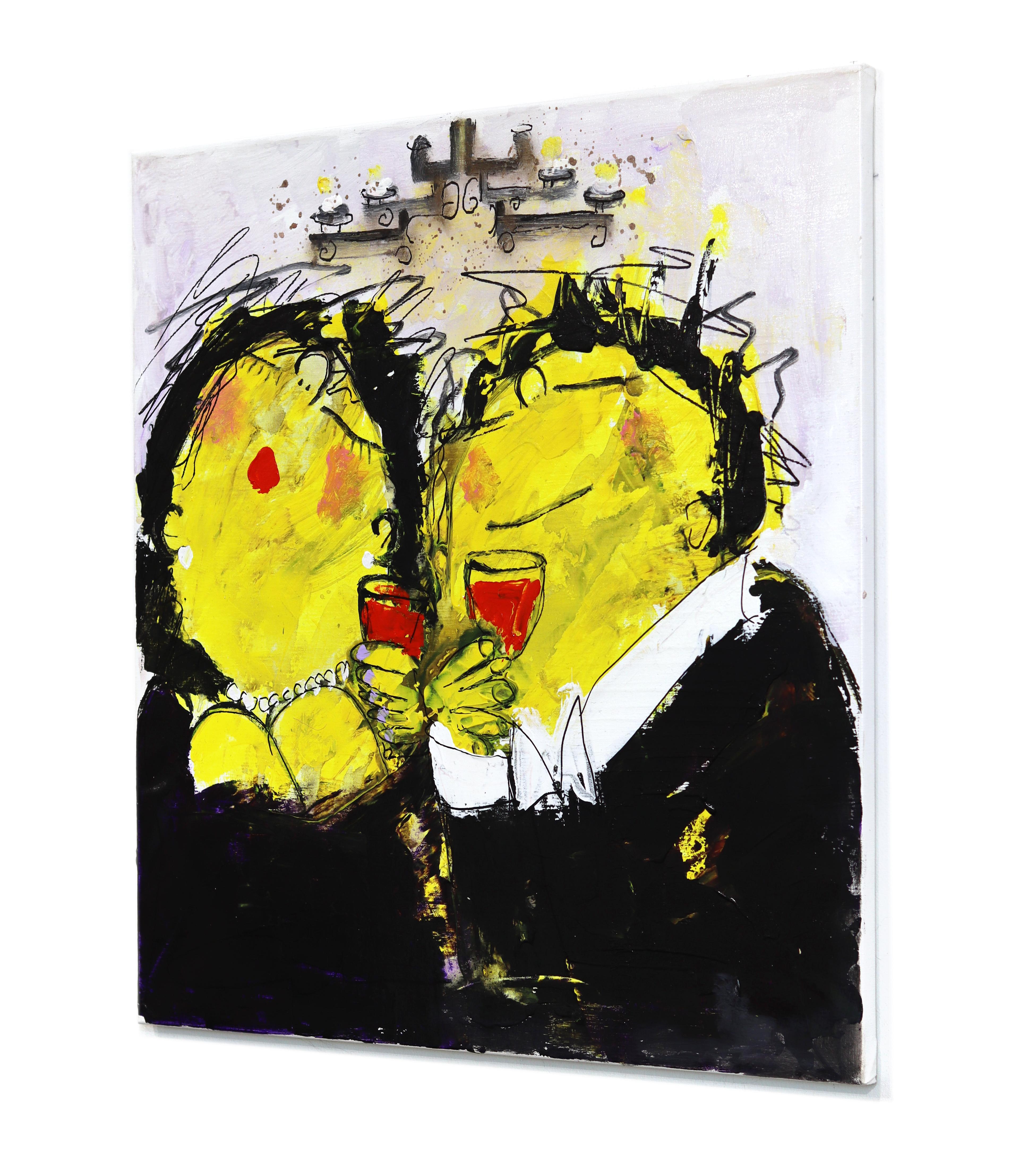 Romantici Dinner - Peinture originale de portrait figuratif en jaune et noir vibrant - Jaune Figurative Painting par Gerdine Duijsens