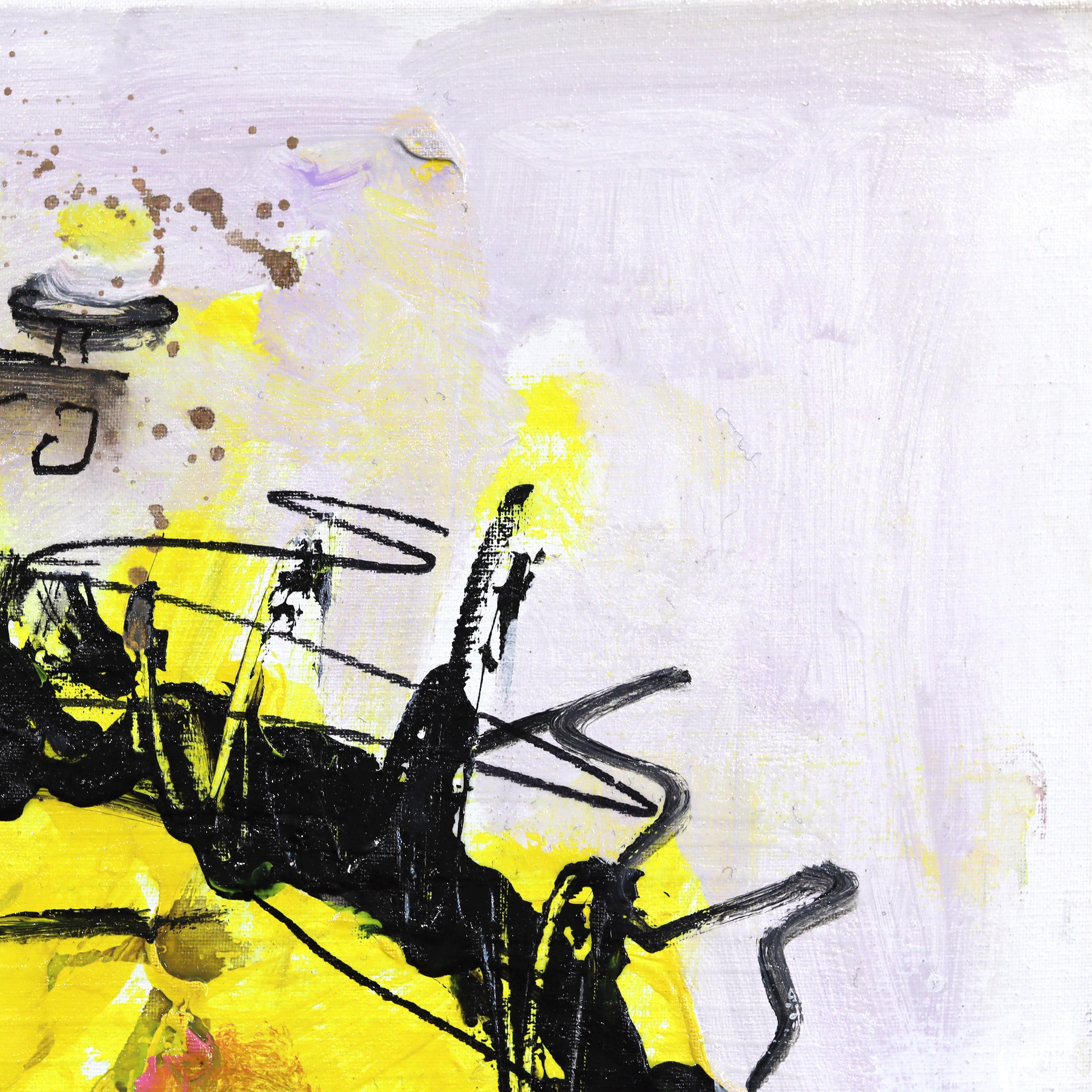 Romantici Dinner - Peinture originale de portrait figuratif en jaune et noir vibrant en vente 2