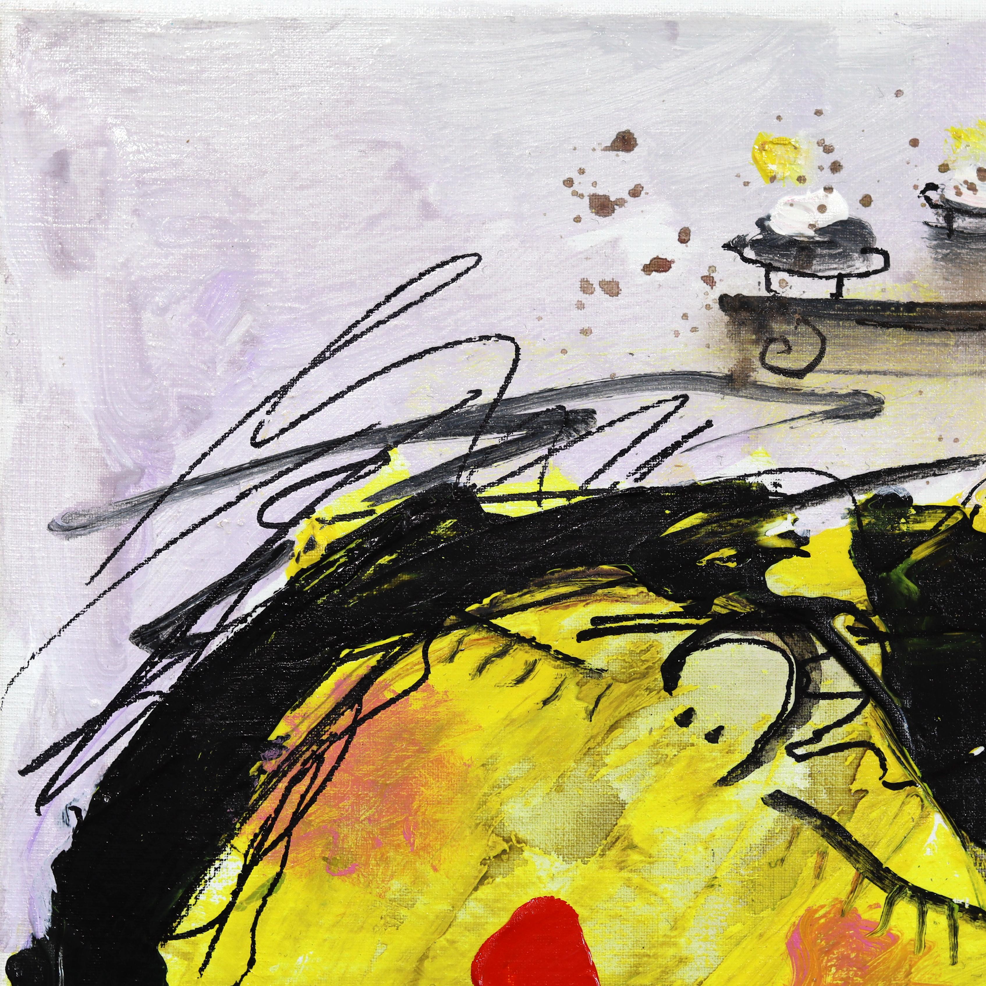 Romantici Dinner - Peinture originale de portrait figuratif en jaune et noir vibrant en vente 3