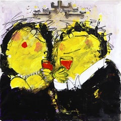 Romantici Dinner - Original Vibrant Yellow & Black Figurative Portrait Painting