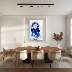 Avec amour...With Bubbles Everywhere - Peinture originale de portrait figuratif bleu