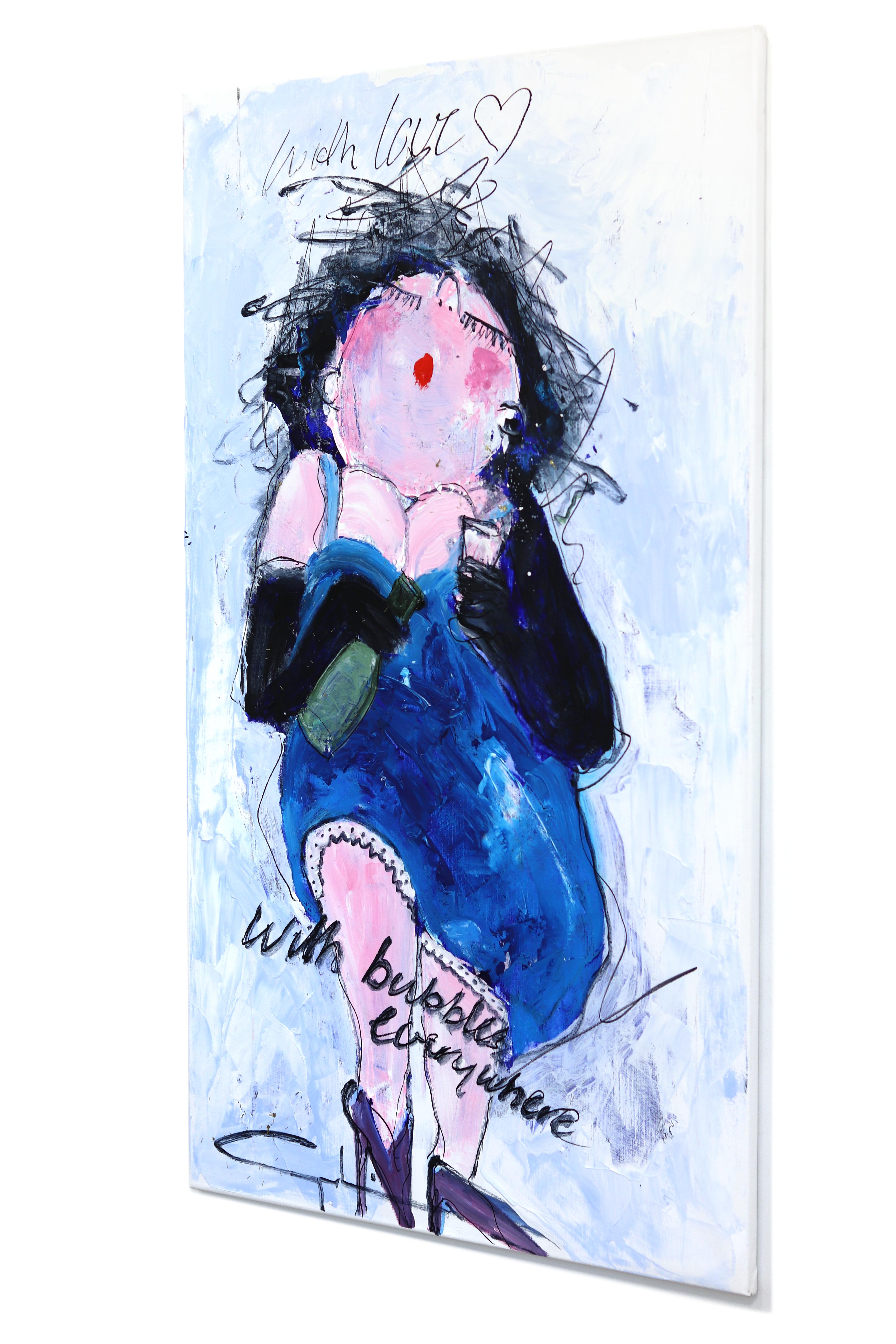 Con amor... con burbujas por todas partes - Pintura figurativa azul original con retrato - Figurative Painting Azul de Gerdine Duijsens