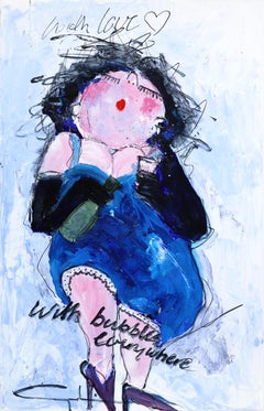Con amor... con burbujas por todas partes - Pintura figurativa azul original con retrato