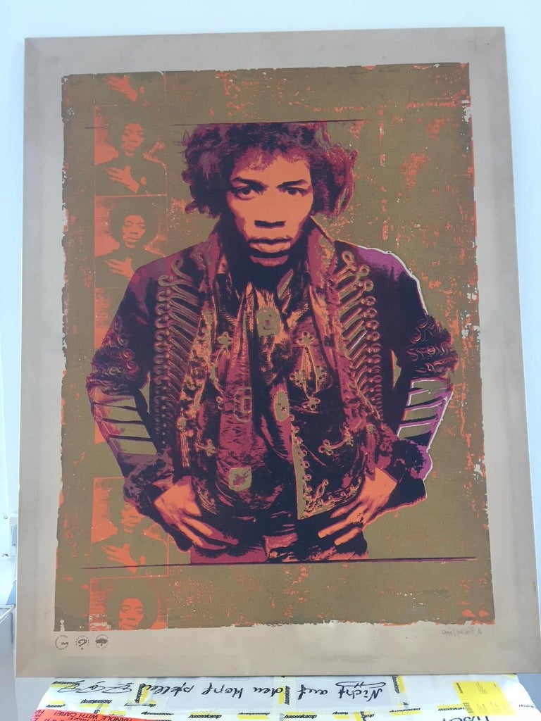 Gered Mankowitz Jimi Hendrix London 1967 print on canvas in color orange, gold and purple,
size 121 x157cm. One Off - Made By The Artist For Exhibition In 1994,

3 different prints of Jimi Hendrix had been made on special request
Signed and