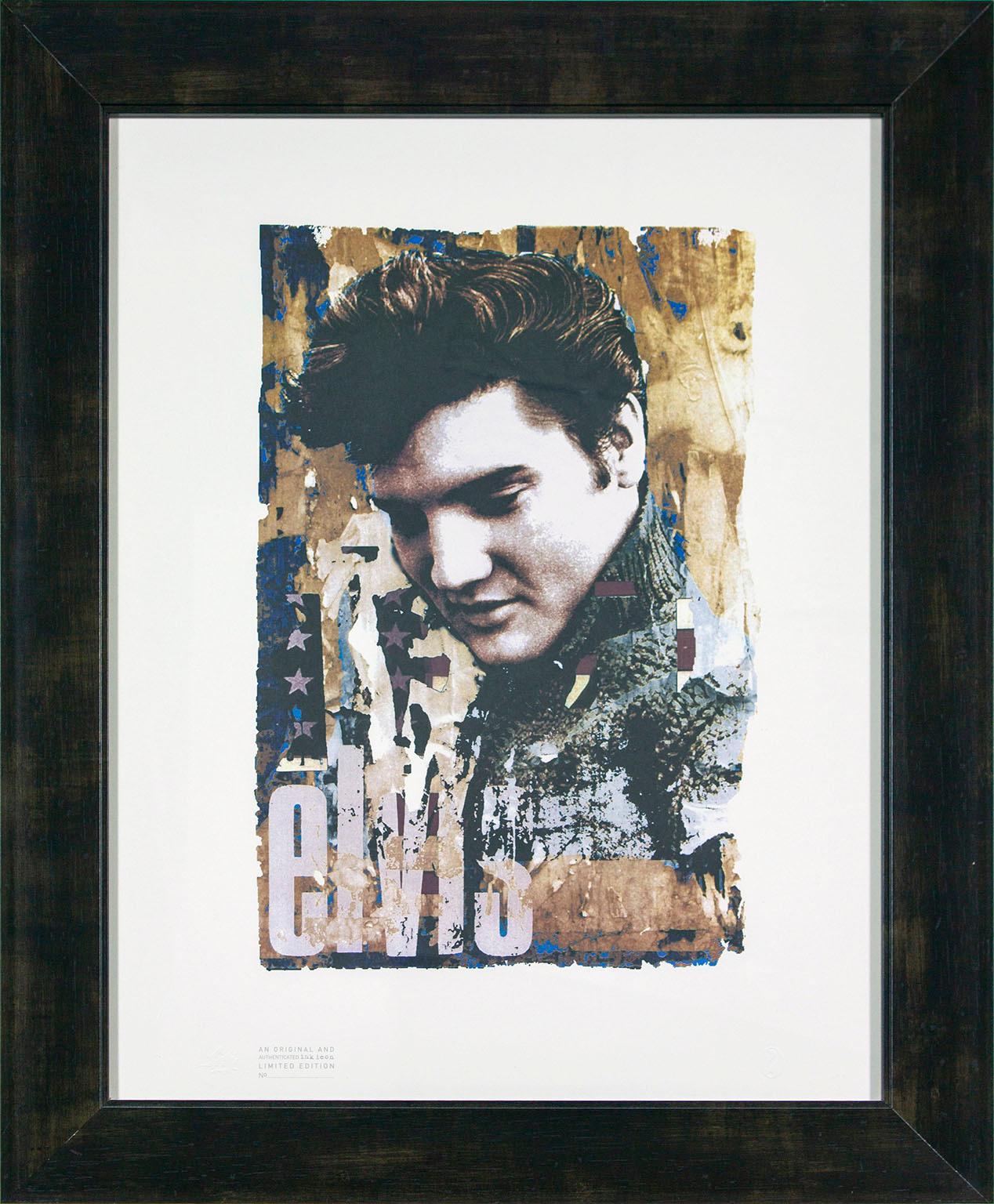 "Elvis Presley", sérigraphie en édition limitée de l'artiste Gered Mankowitz. Taille de l'image : 20 1/2 x 13 1/2 pouces. Gaufré avec un tampon en bas à gauche et un tampon ? en bas à droite. Imprimé avec "Une icône à l'encre originale et