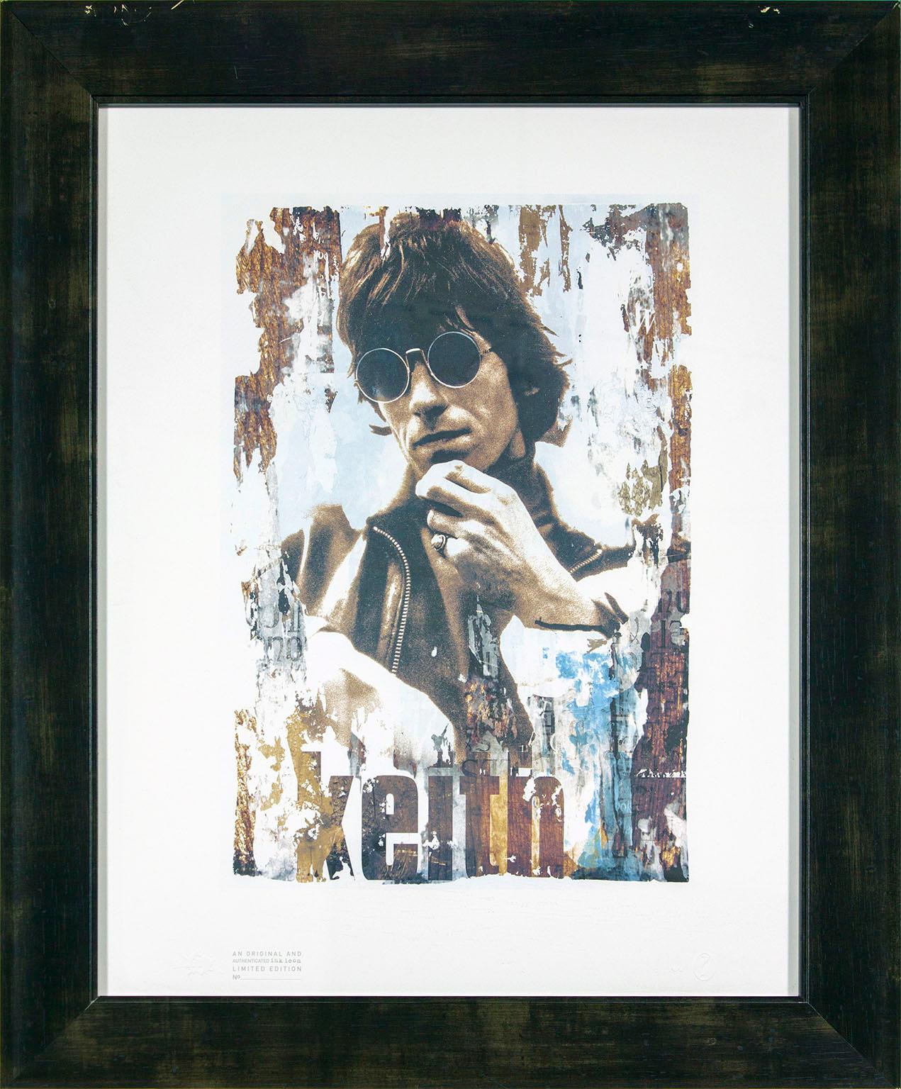 "Keith Richards" limited edition silkscreen print by artist Gered Mankowitz. Image size: 21 x 14 inches. Embossed with stamp on lower left and The Gered Mankowitz Archive M and ? stamp on lower right. "An Original and Authenticated ink icon Limited