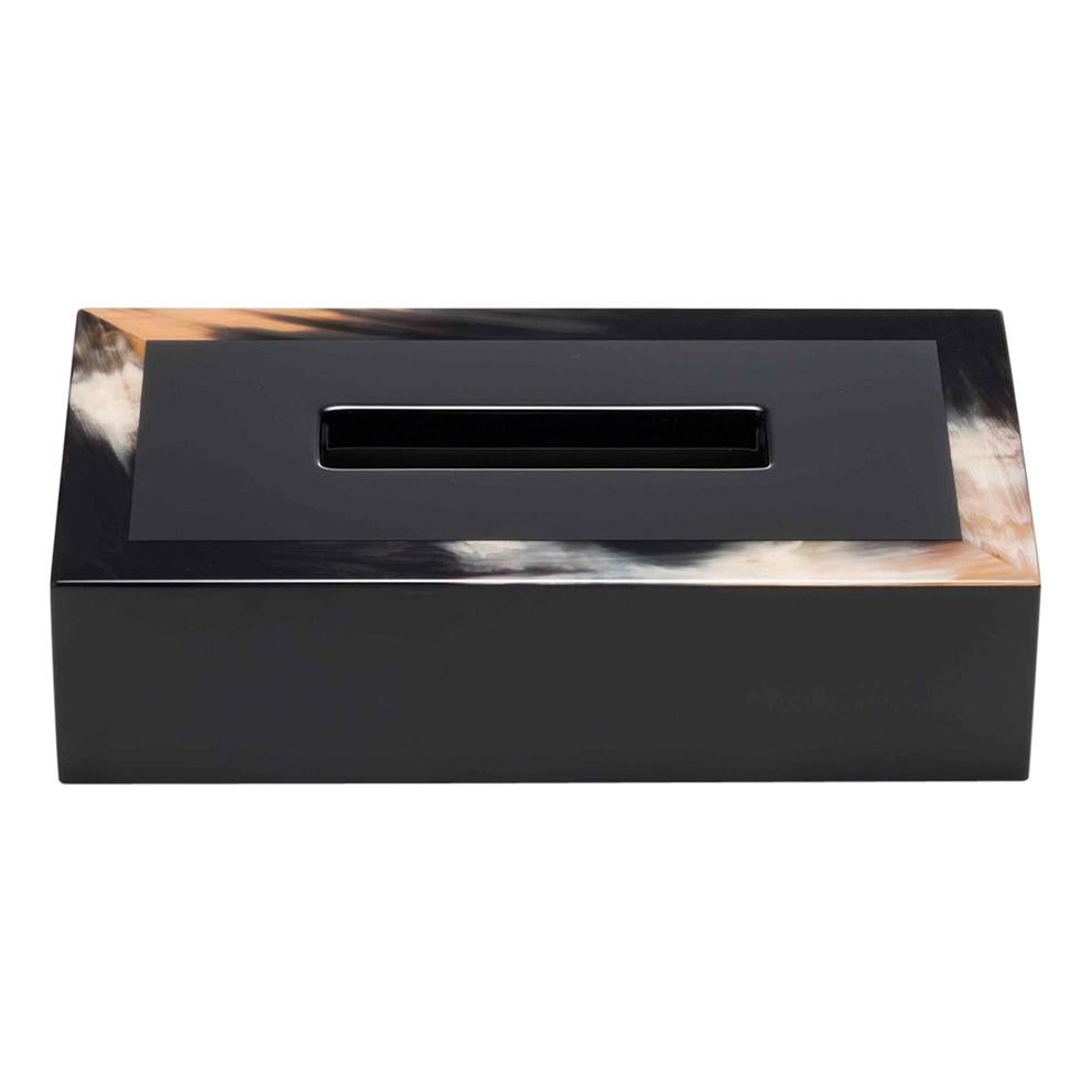 Geremia Tissue Box Holder in Black Lacquered Wood and Corno Italiano, Mod. 5318s For Sale