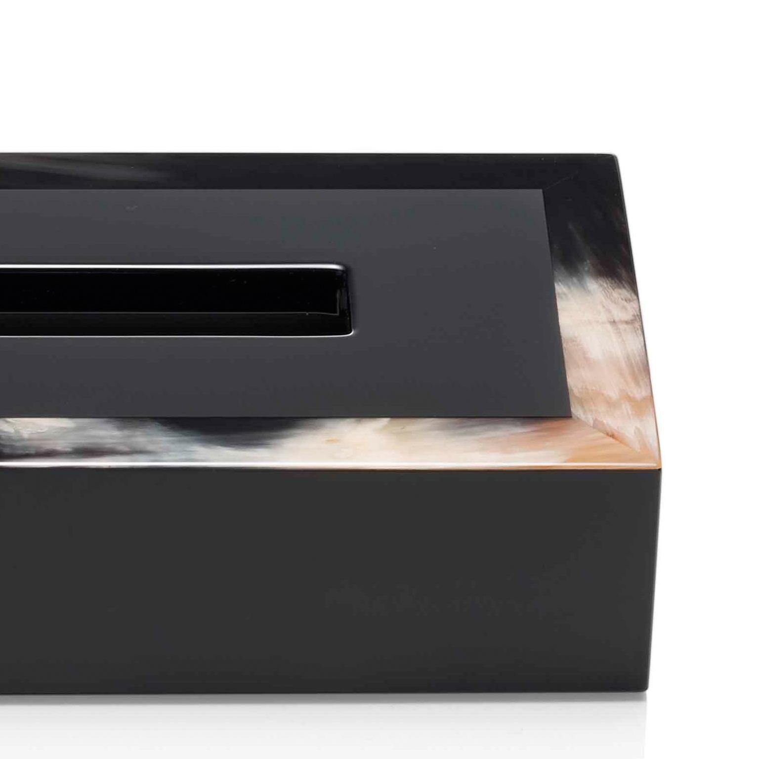 Geremia Tissue Box Holder in Black Lacquered Wood and Corno Italiano, Mod. 5318s In New Condition In Recanati, Macerata
