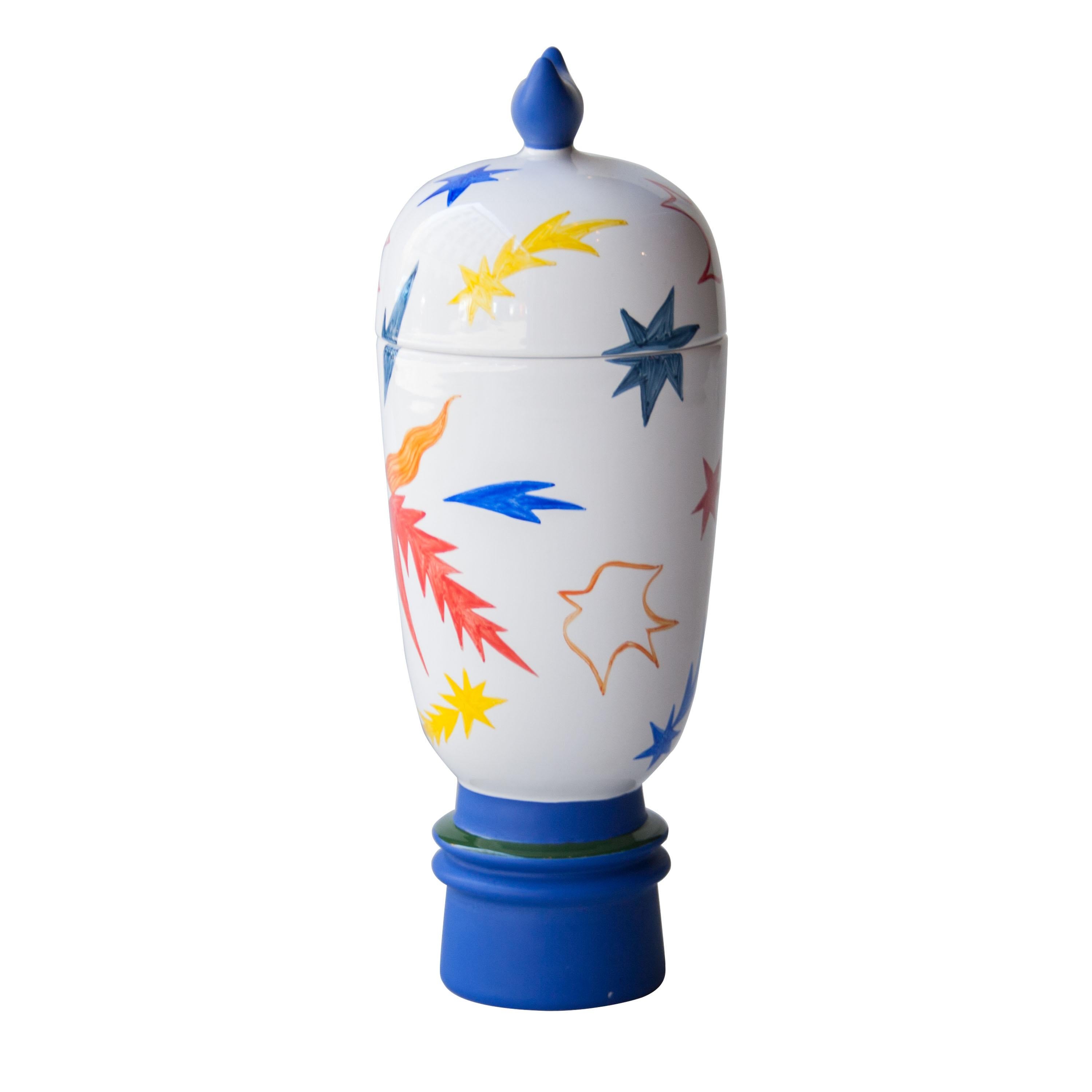 The handcrafted vase comes in white and a matte Klein blue color with star and different pattern. The lid on top features a blue Klein horn-shaped handle.

This product has made by humans and not machines. Small imperfections, differences may