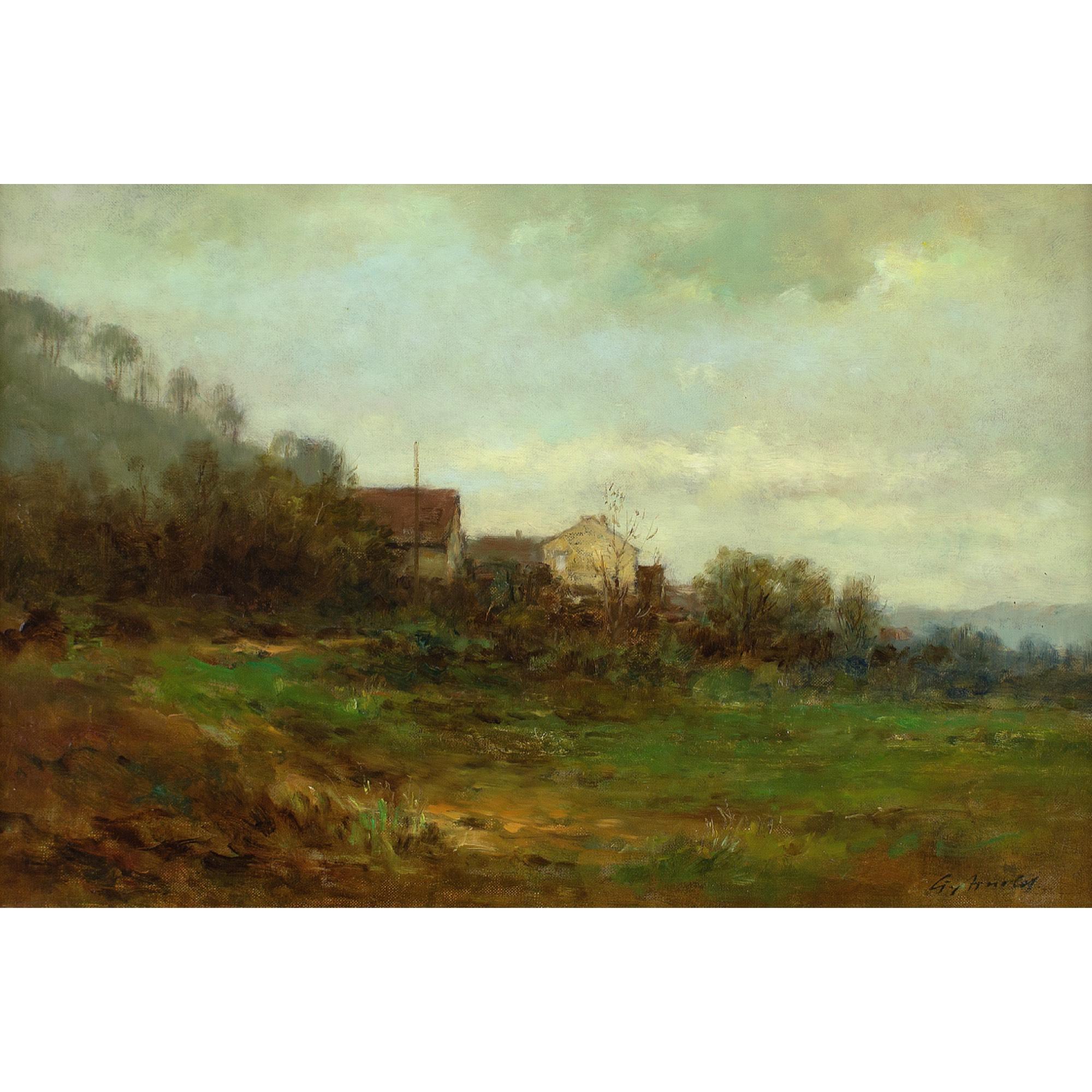Gerhard Arnold, Paysage d'automne avec bâtiments de village, peinture à l'huile en vente 1