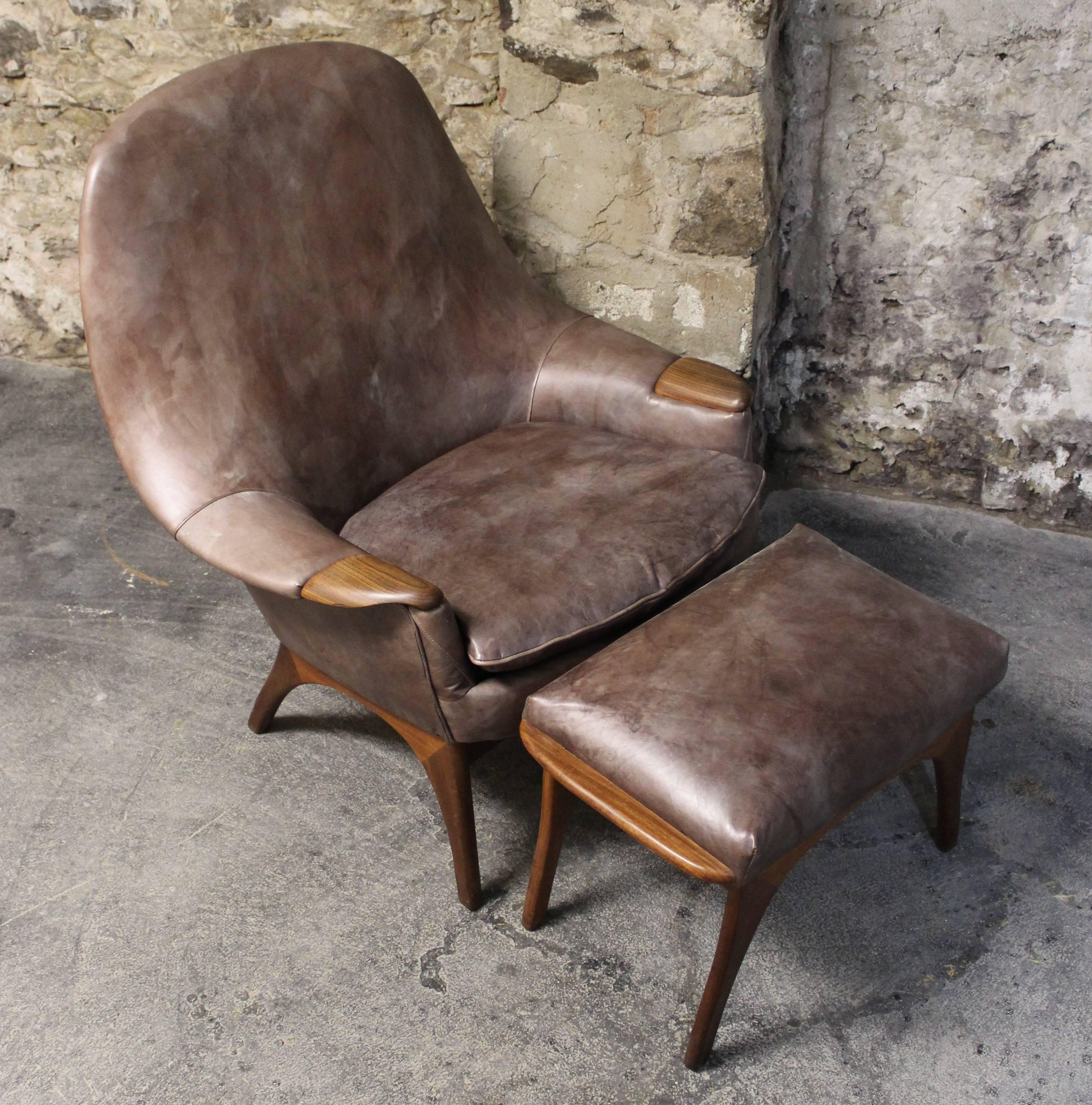 Scandinavian Modern Gerhard Berg Leather and Teak Lounge Chair and Ottoman