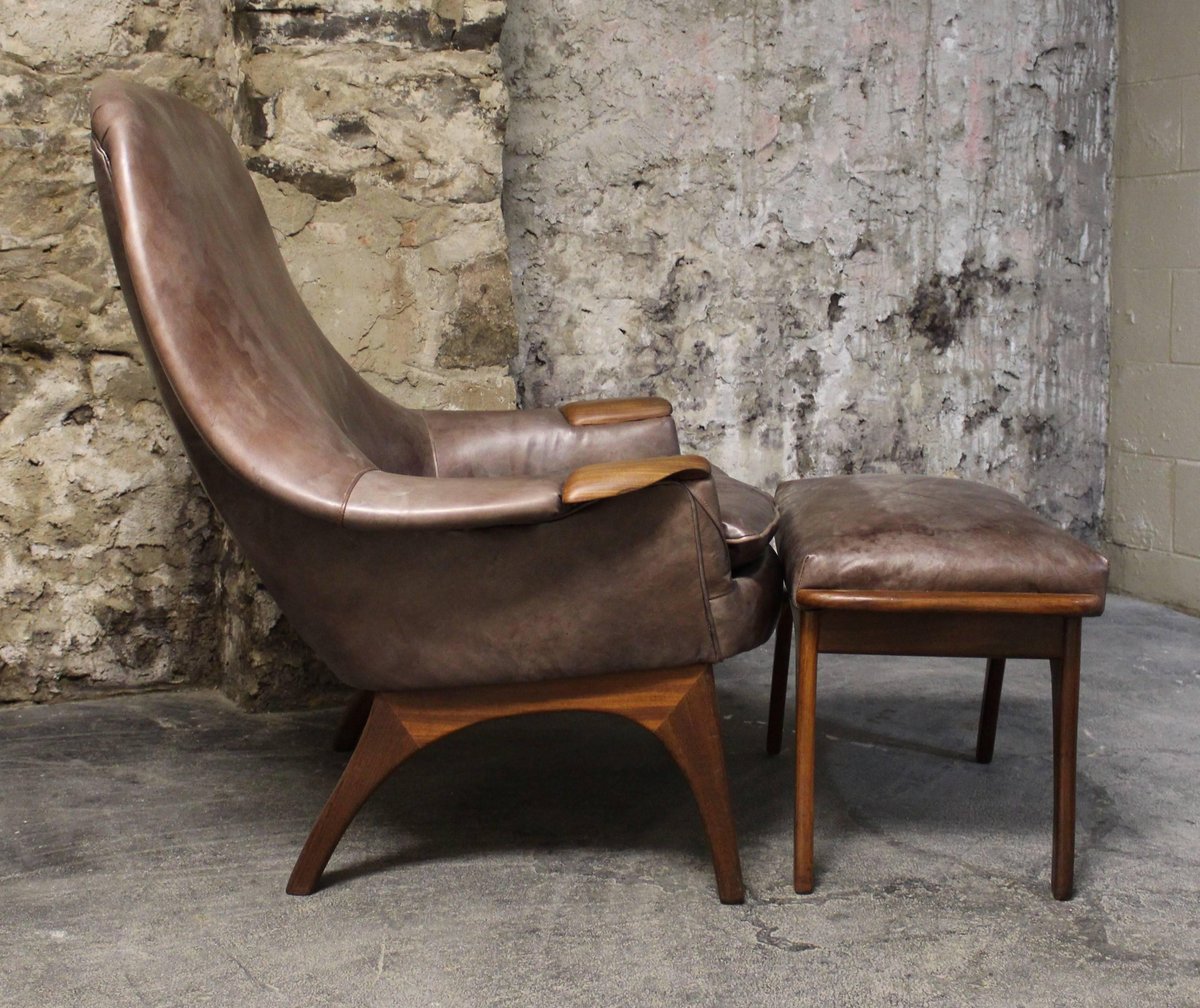 Norwegian Gerhard Berg Leather and Teak Lounge Chair and Ottoman
