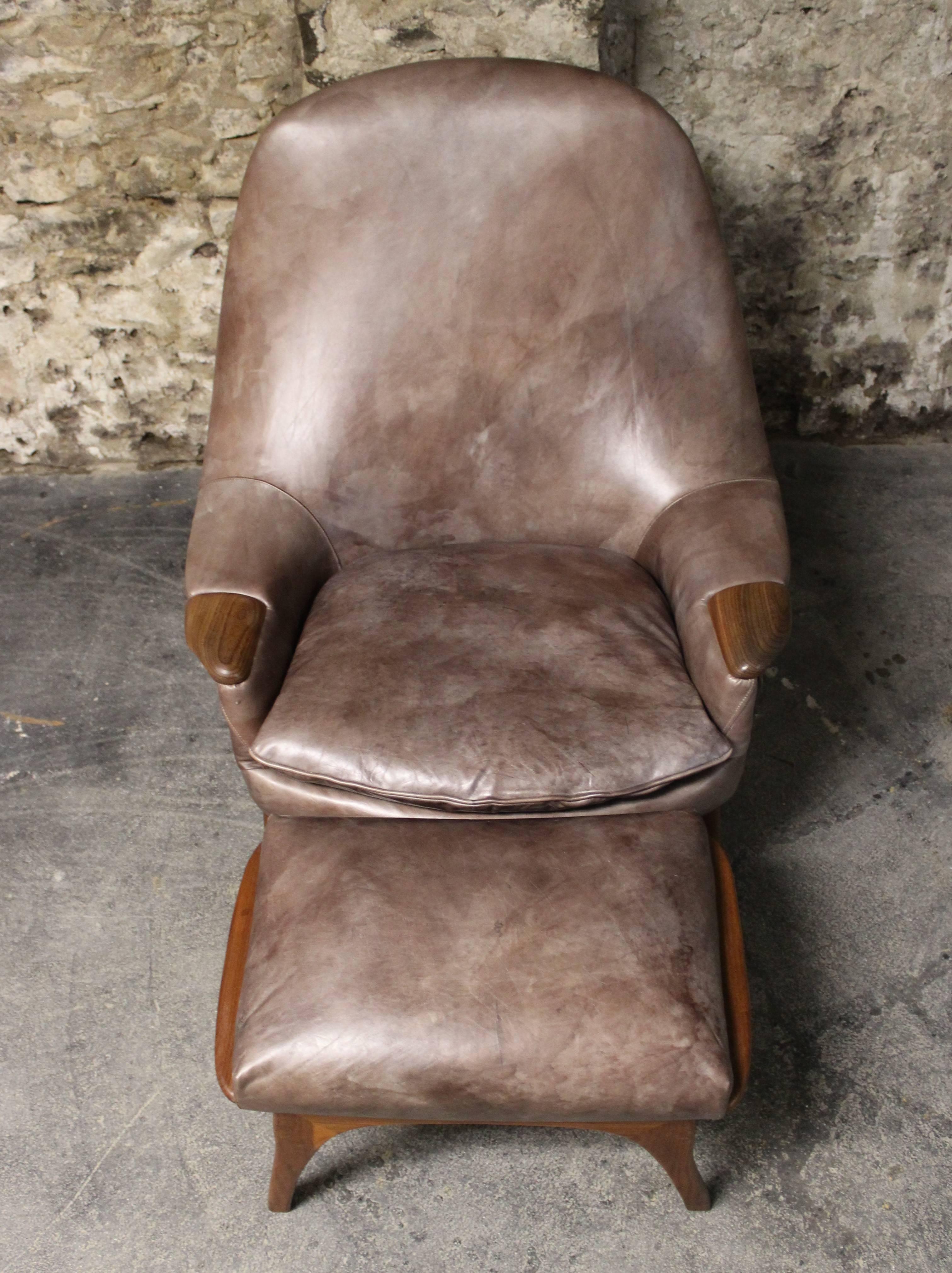 Upholstery Gerhard Berg Leather and Teak Lounge Chair and Ottoman