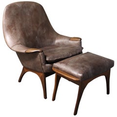 Gerhard Berg Leather and Teak Lounge Chair and Ottoman