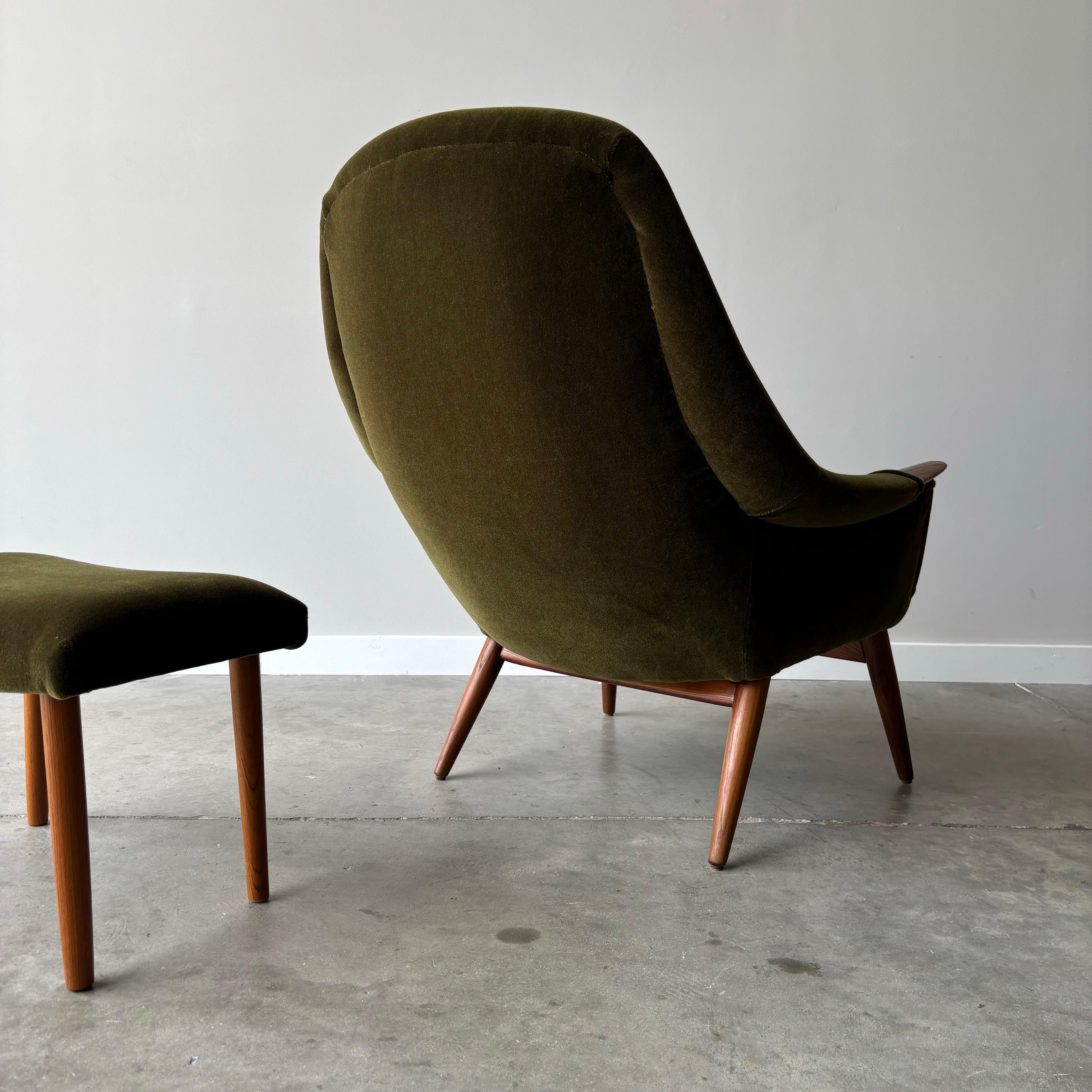 A stunning vintage lounge chair by Gerhard Berg.  Beautiful teak paws and base with luxurious new mohair upholstery.  The ottoman is not original to the chair but works will with it.  