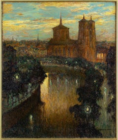 Vintage Gerhard Graf, Berlin Evening Landscape With St Thomas Church, Oil Painting