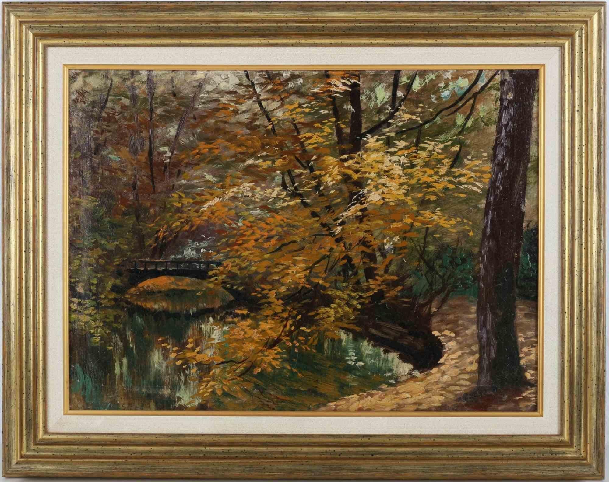 Autumn Forest - Oil on plate by Gerhard Haenisch - 19th Century
