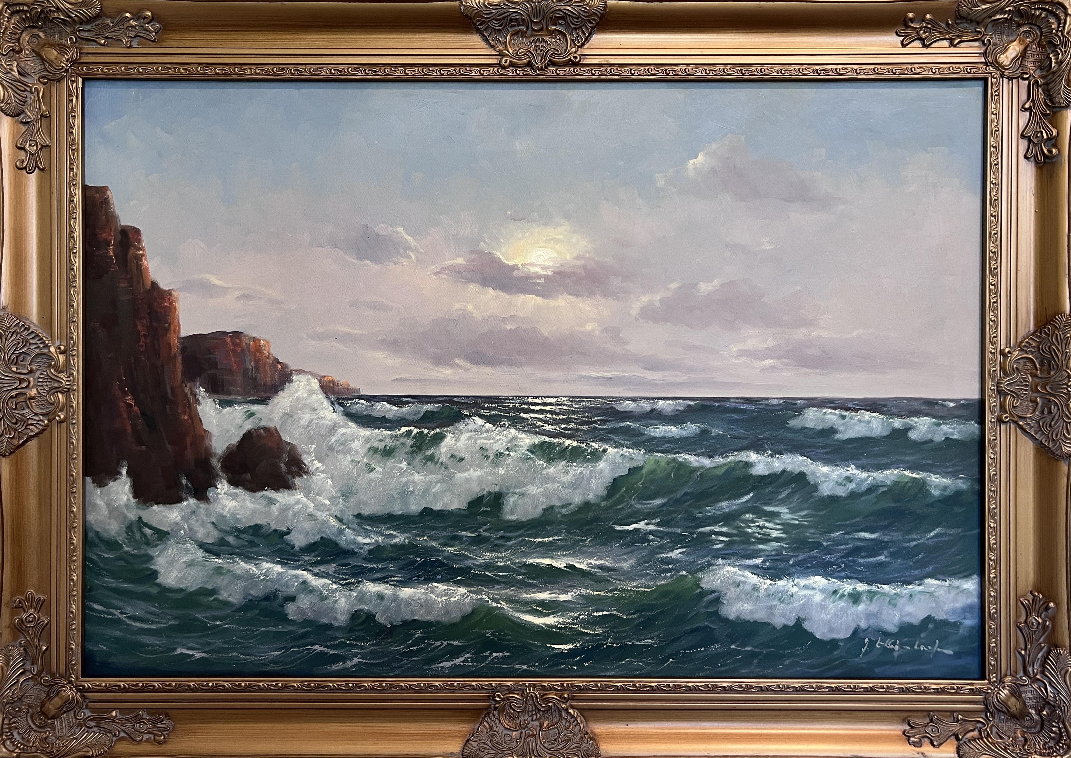 Beeindruckendes großes Ölgemälde von Gerhard Lukas Larsen (Deutscher, 1911-1965), der für seine dynamischen maritimen Werke und stimmungsvollen Küstenszenen bekannt ist. Diese beeindruckende Komposition zeigt mächtige Wellen, die gegen schroffe